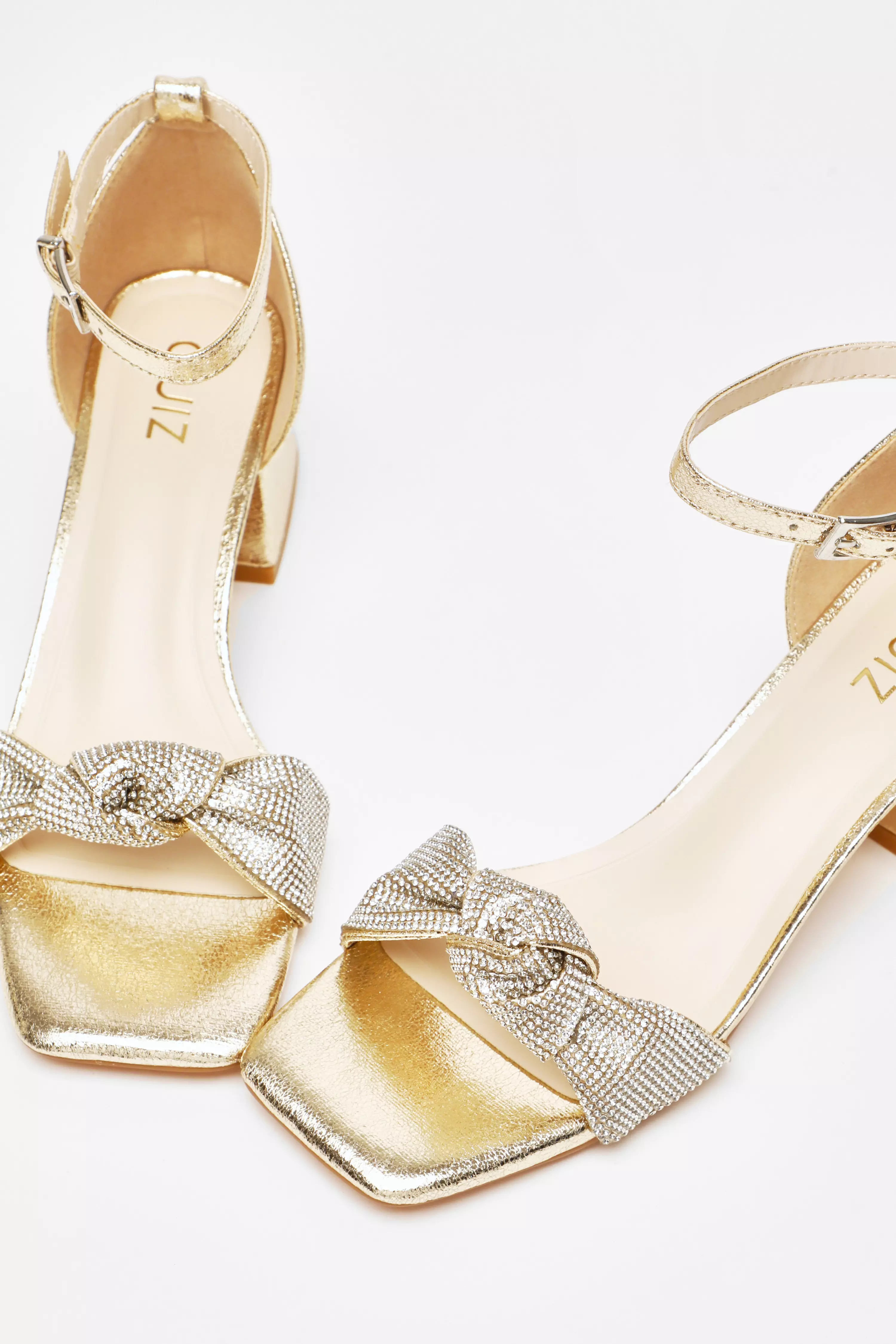 Gold Foil Diamante Knot Block Heeled Sandals - QUIZ Clothing