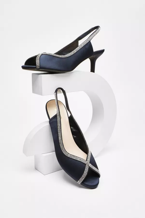 Navy Satin Diamante Low Heeled Slingback Heels - QUIZ Clothing