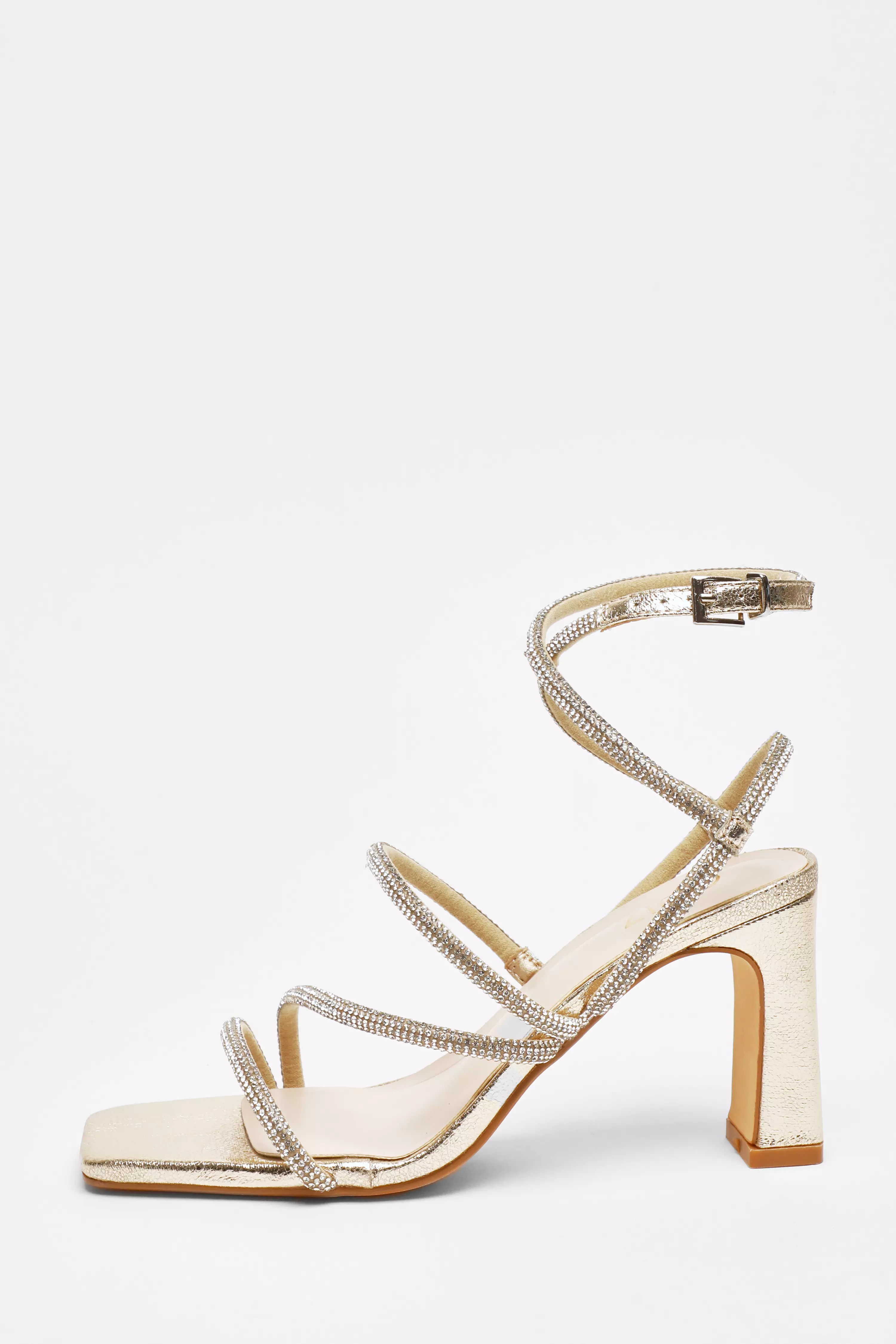 Gold Diamante Strappy Block Heeled Sandals - QUIZ Clothing
