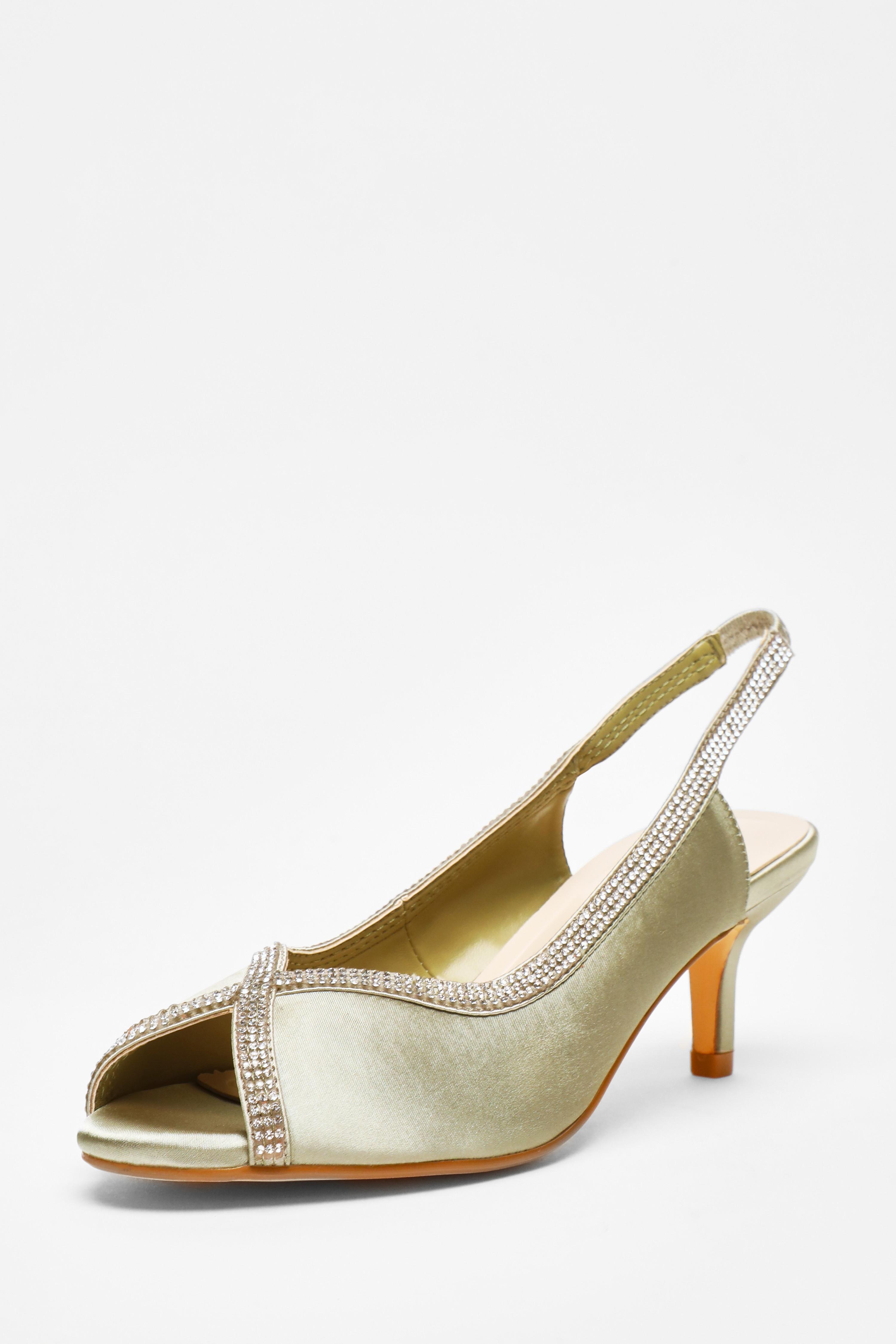 Sage Satin Diamante Low Heeled Slingback Heels