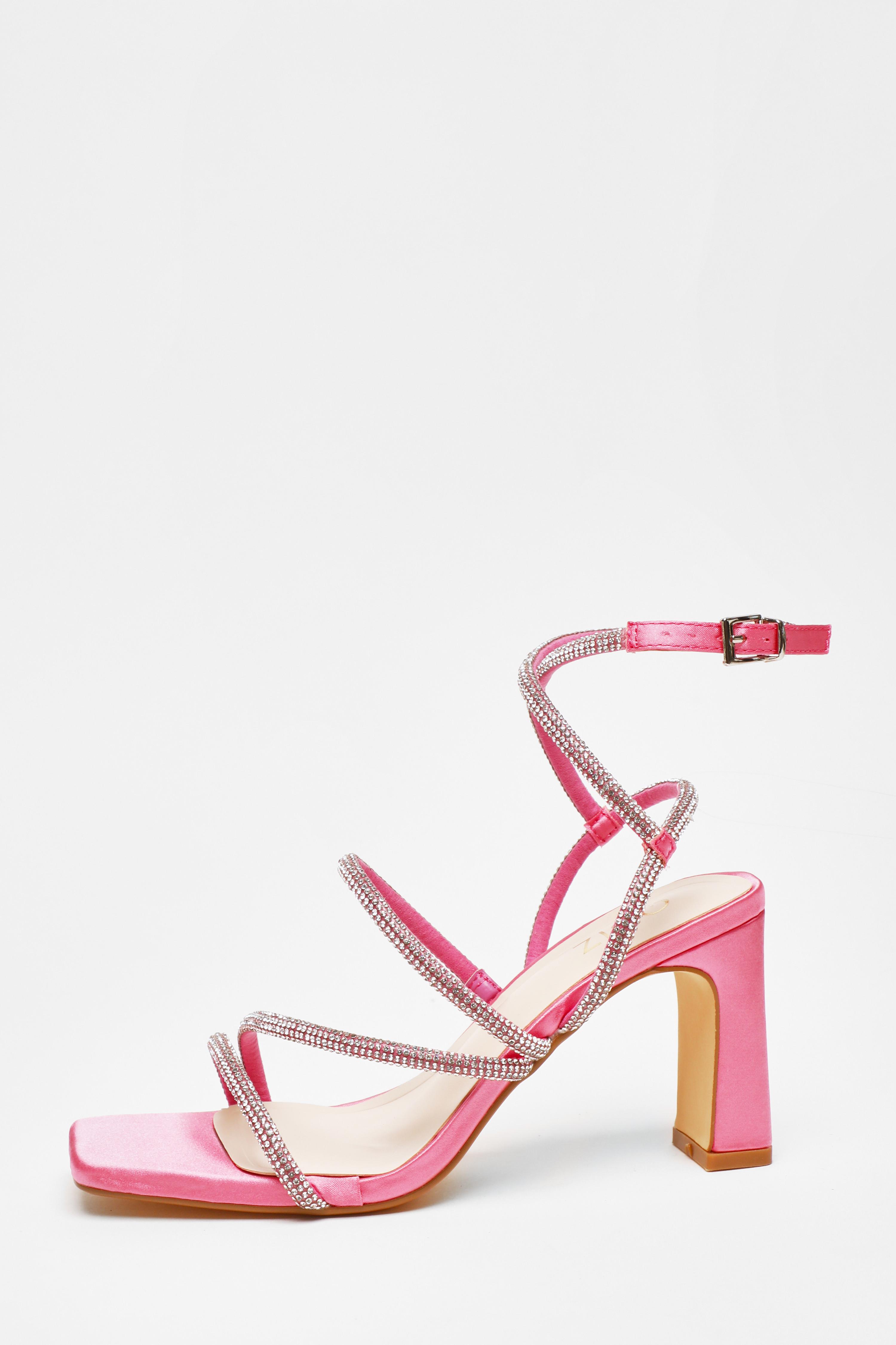 Pink Diamante Strappy Block Heeled Sandals QUIZ Clothing