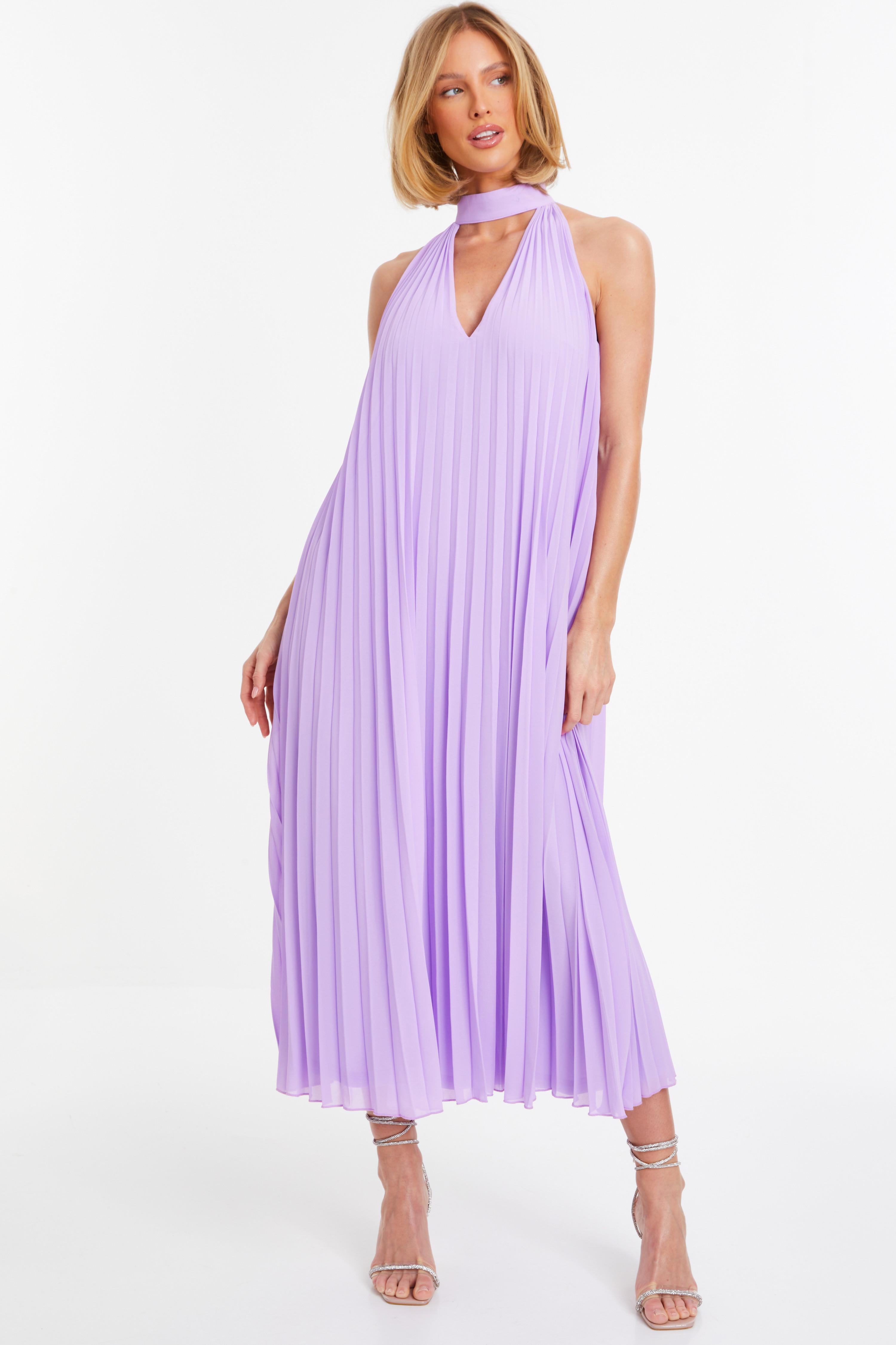 Lilac Chiffon Pleated High Neck Midi Dress QUIZ Clothing