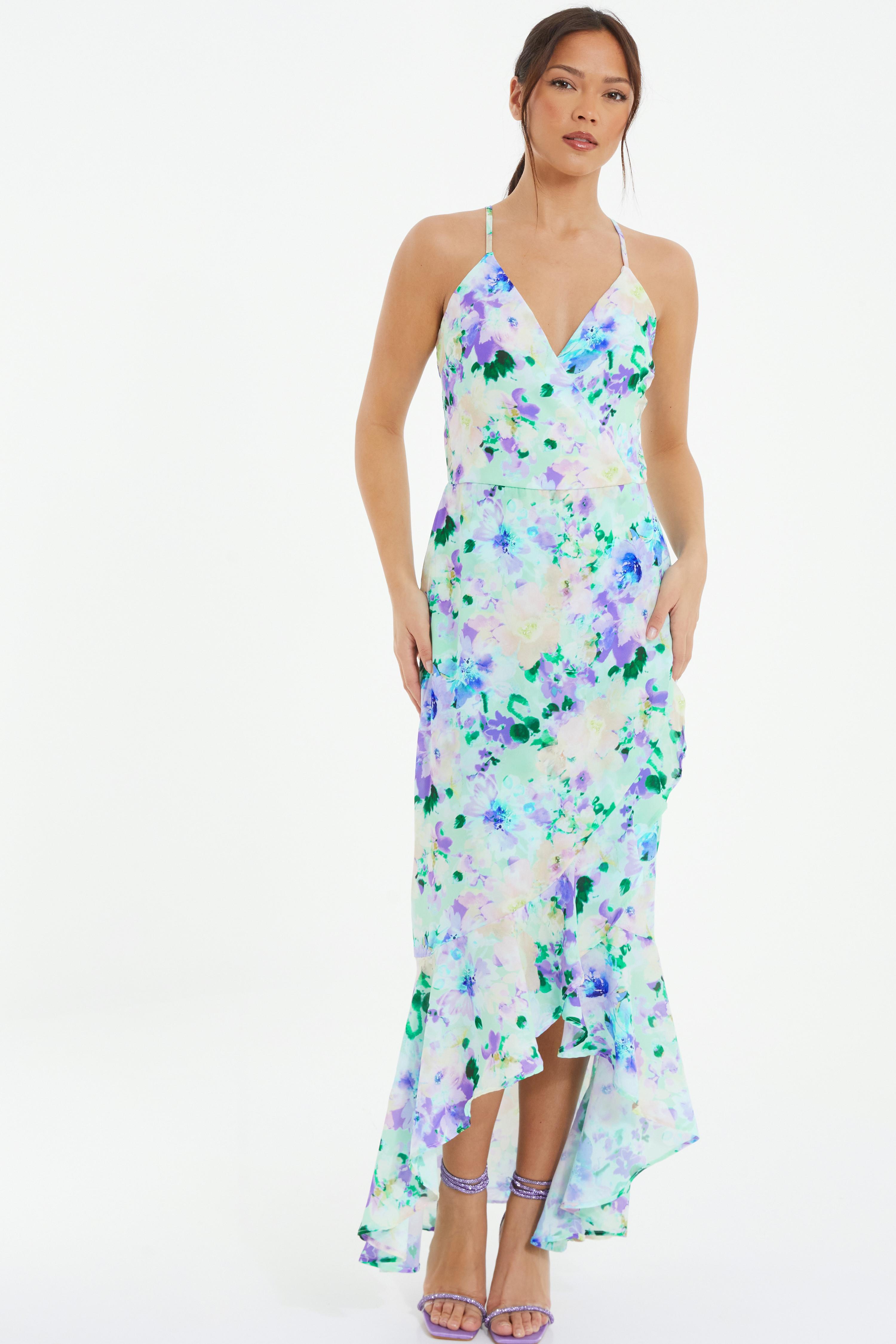 Multicoloured Floral Wrap Dip Hem Maxi Dress QUIZ Clothing