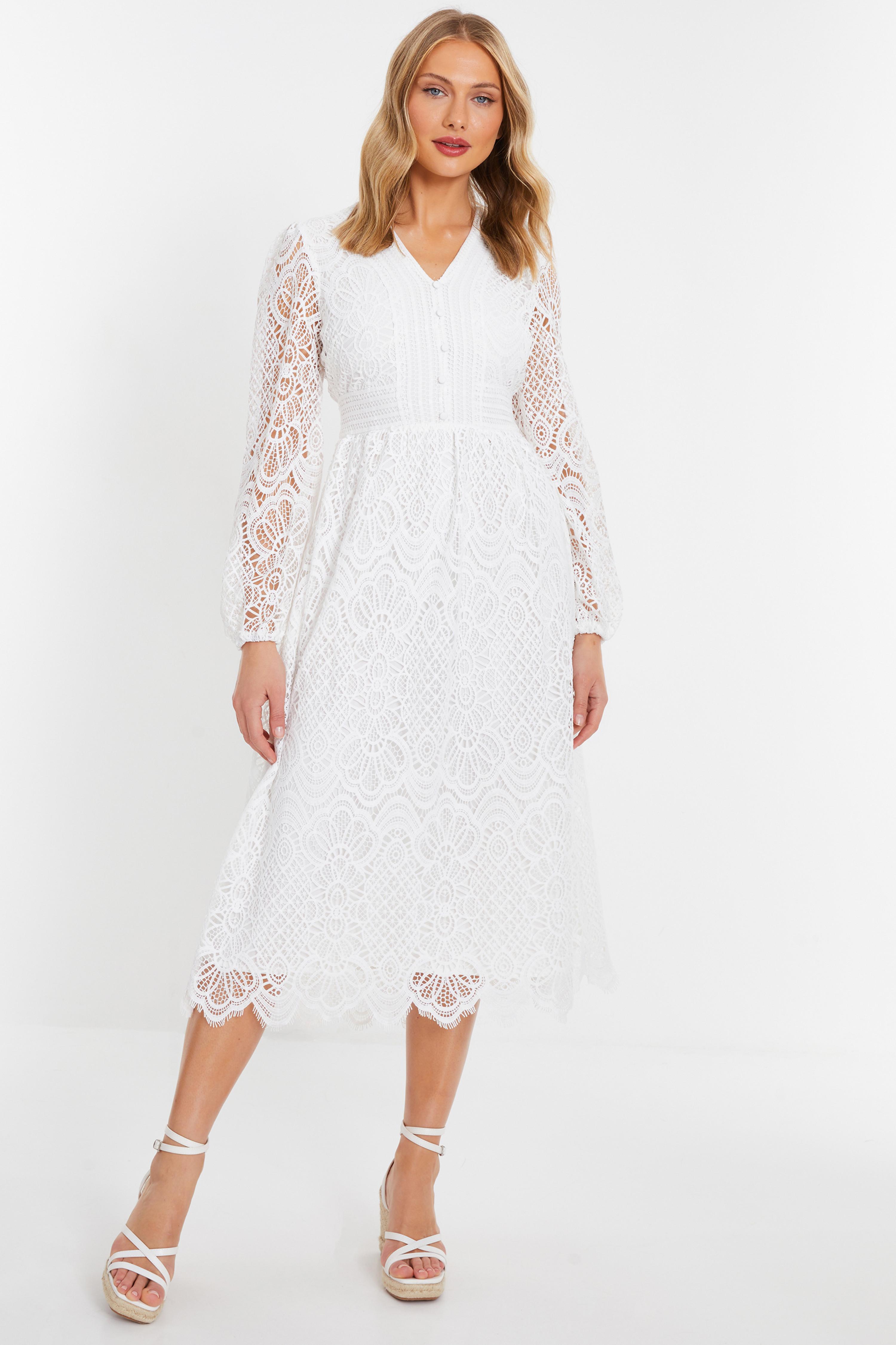 White Crochet Lace Long Sleeve Midi Dress