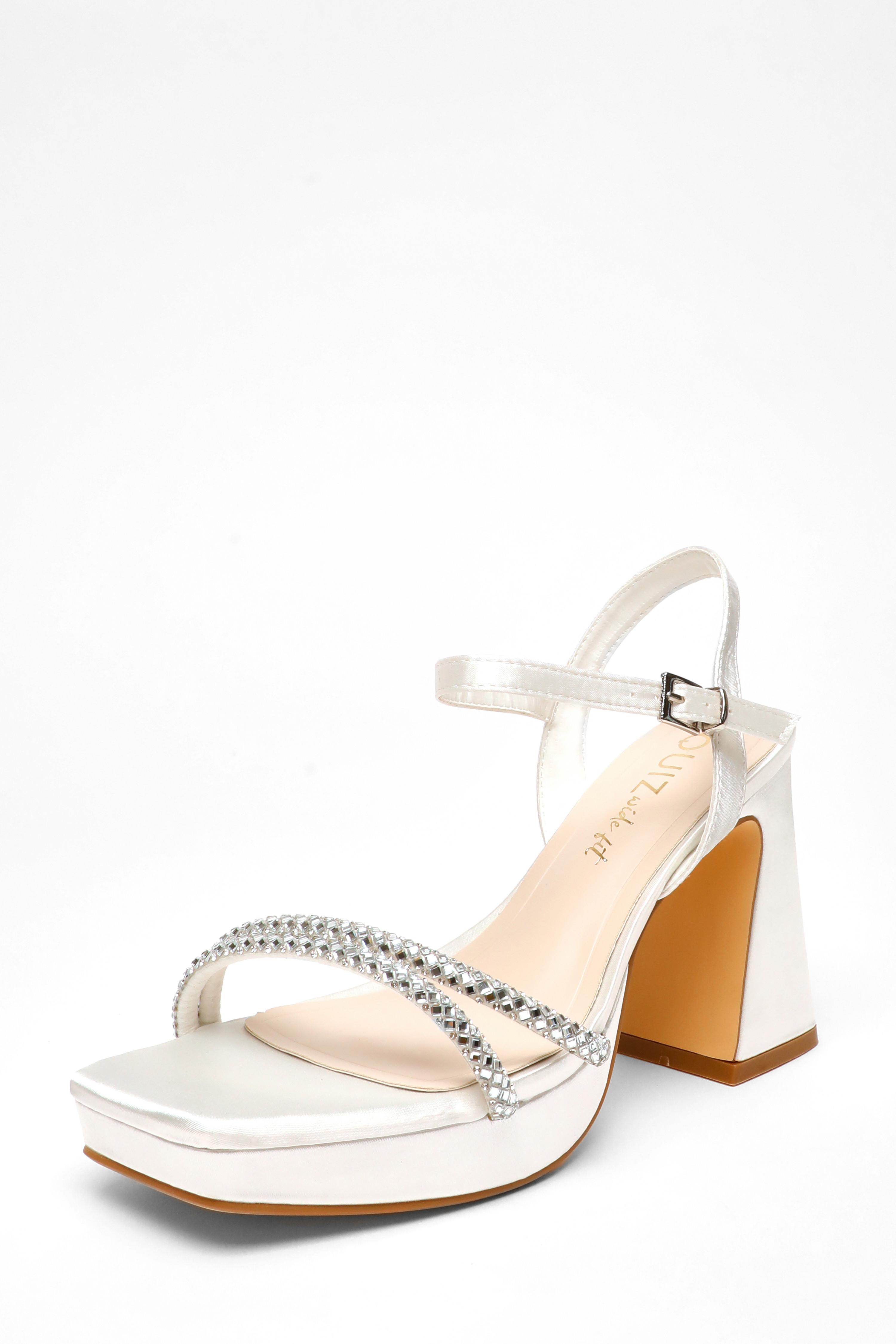 Bridal Wide Fit White Satin Diamante Strappy Platform Heels