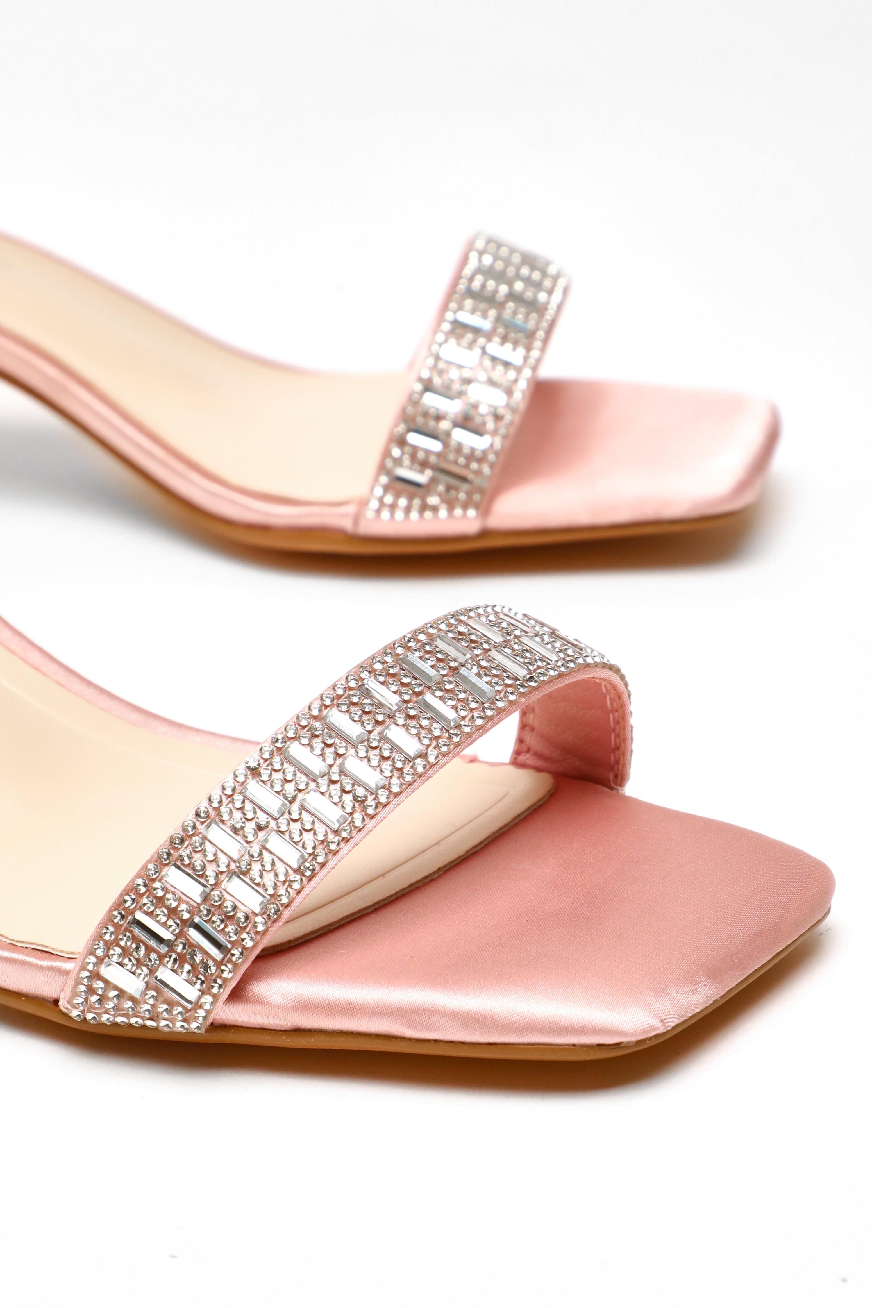 Wide Fit Pink Satin Diamante Low Block Heeled Sandals