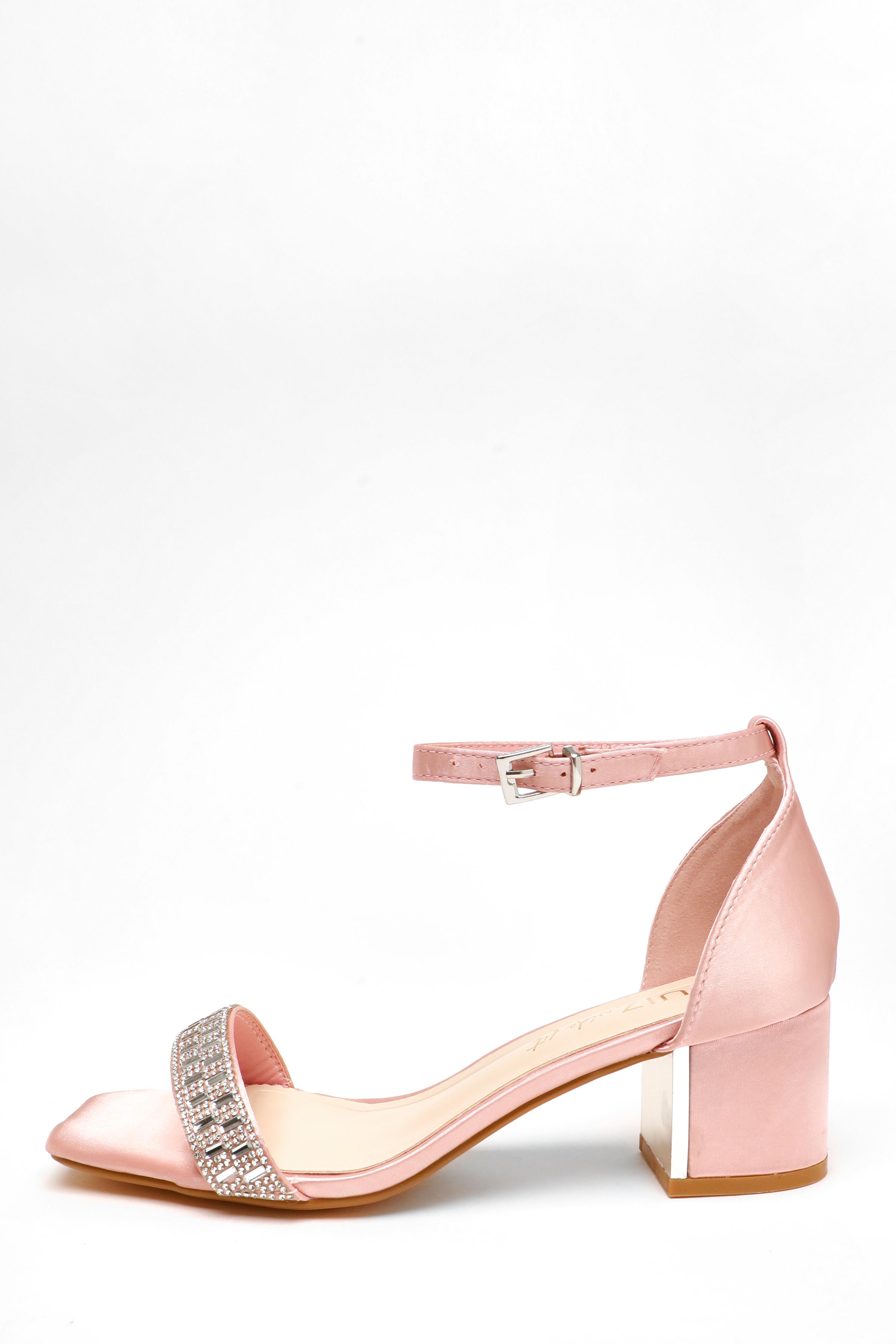 Wide Fit Pink Satin Diamante Low Block Heeled Sandals QUIZ Clothing