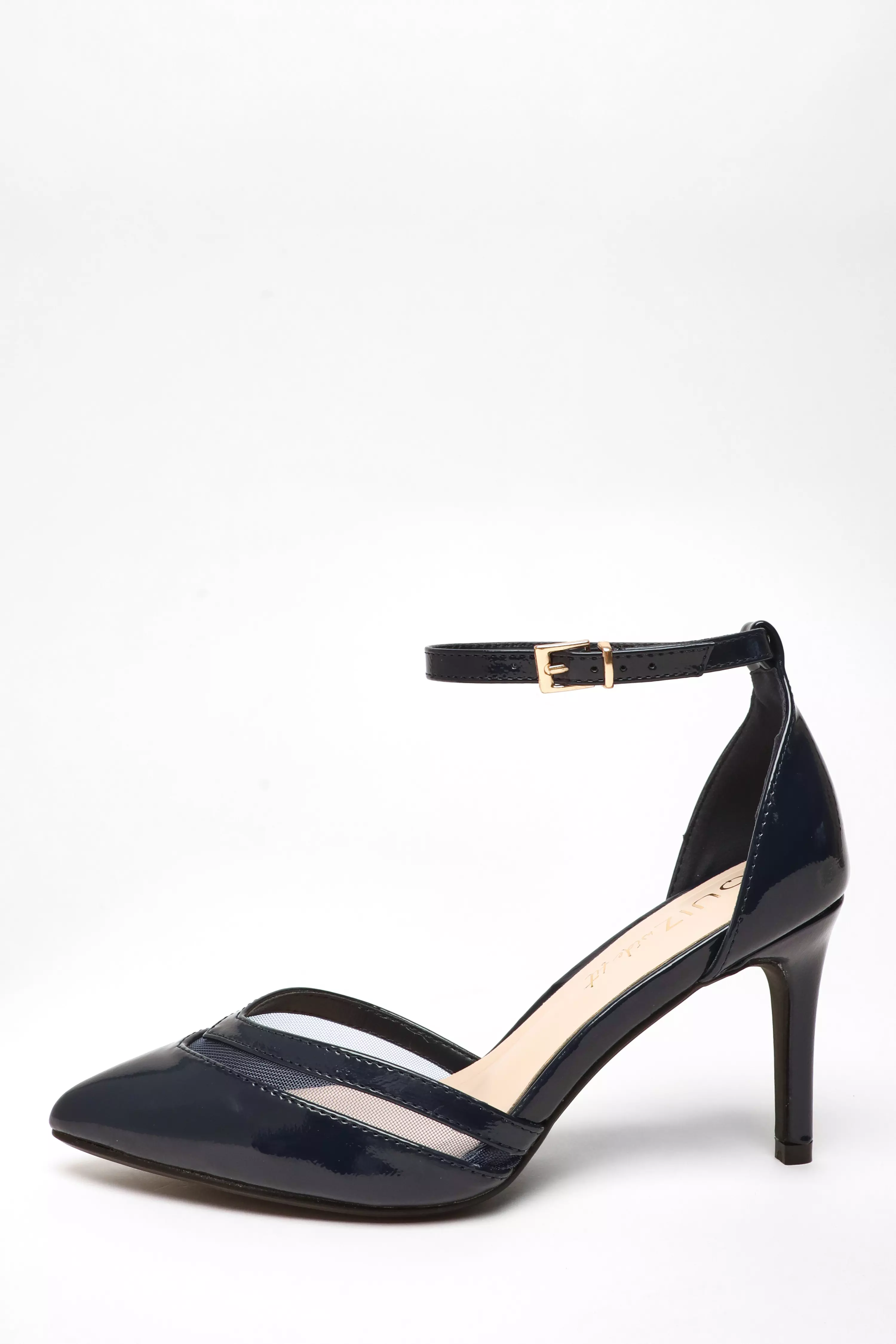 Wide Fit Navy Patent Faux Leather Mesh Court Heels - QUIZ Clothing