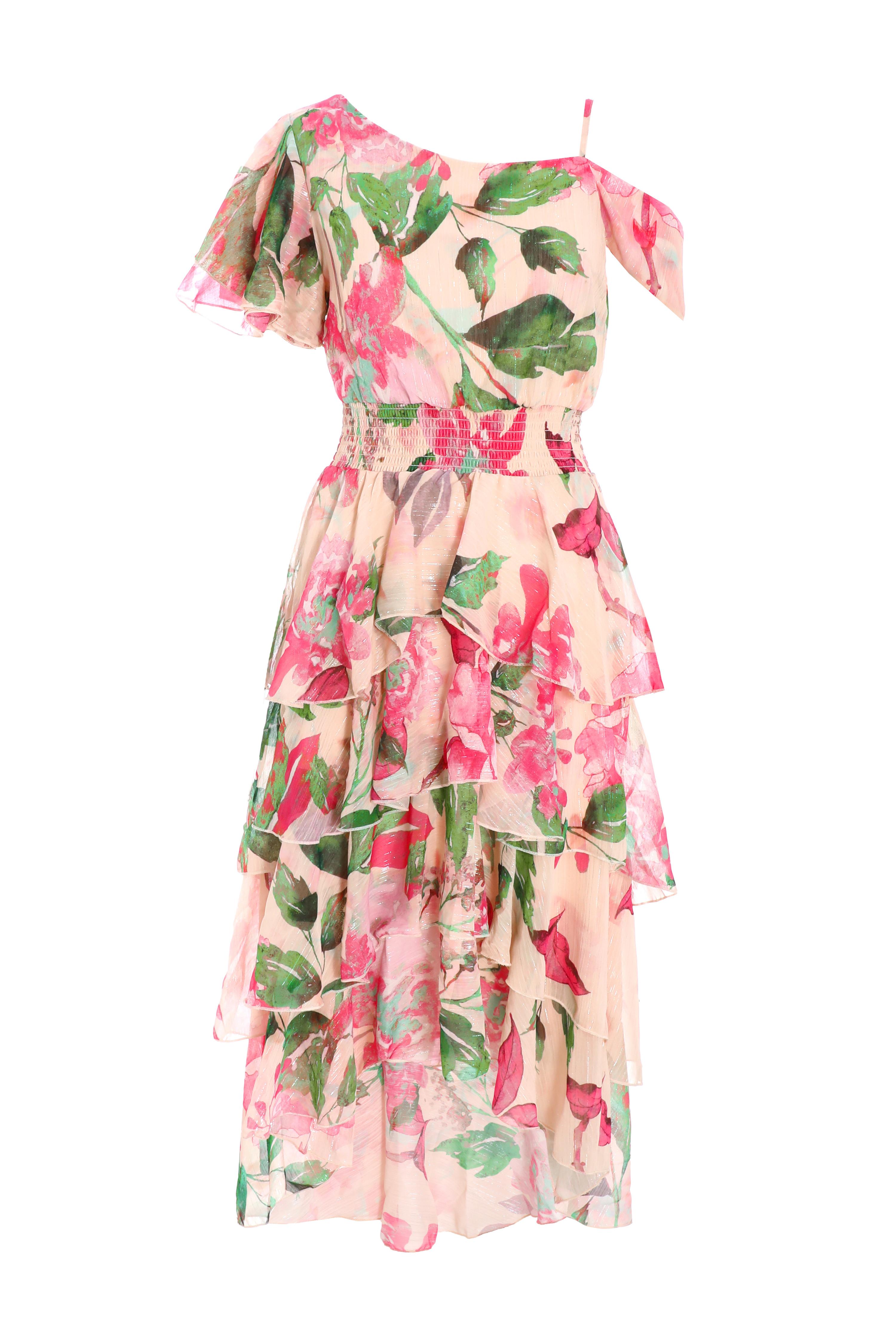 Cold shoulder floral print tiered dress best sale