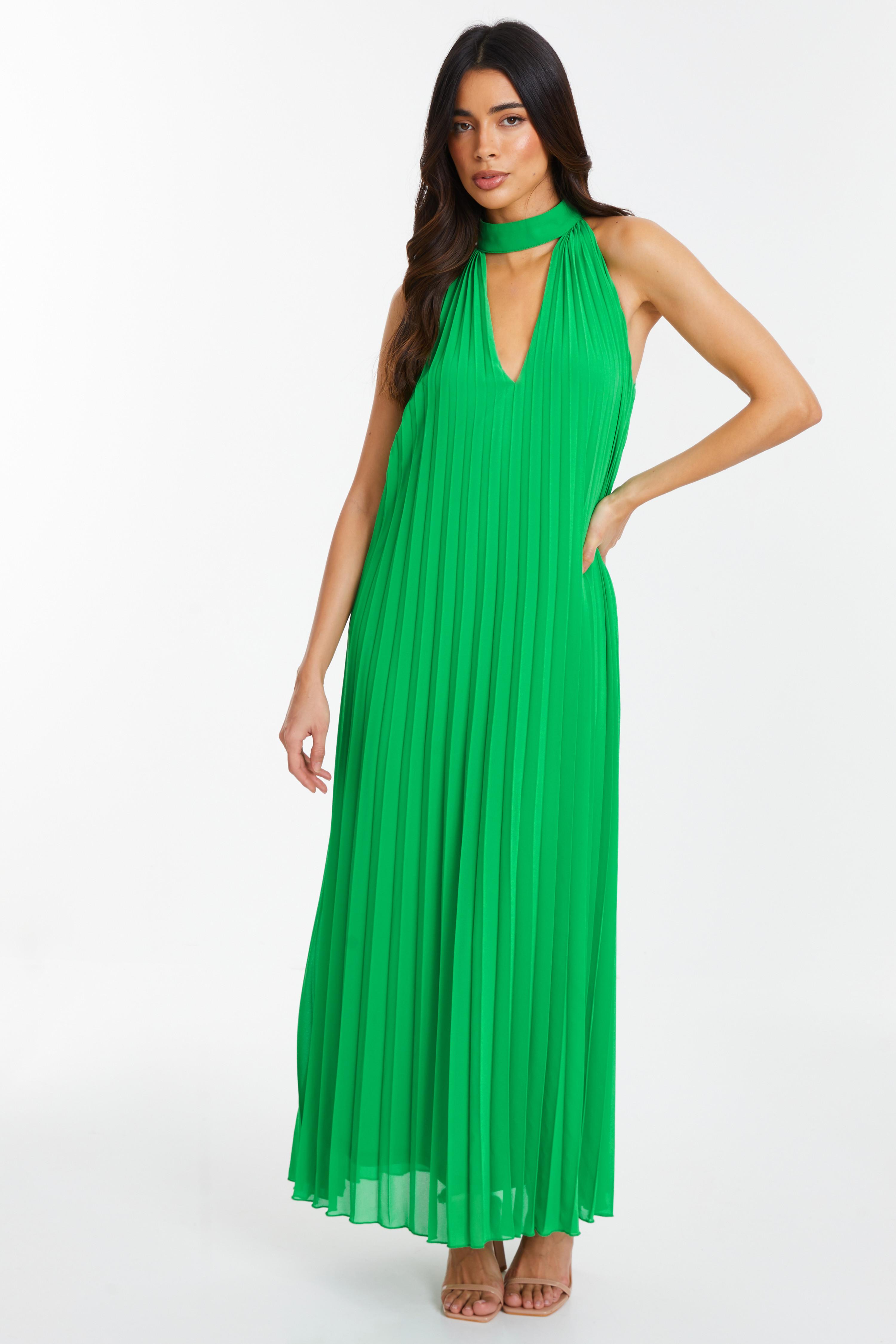 Green Chiffon Pleated Maxi Dress