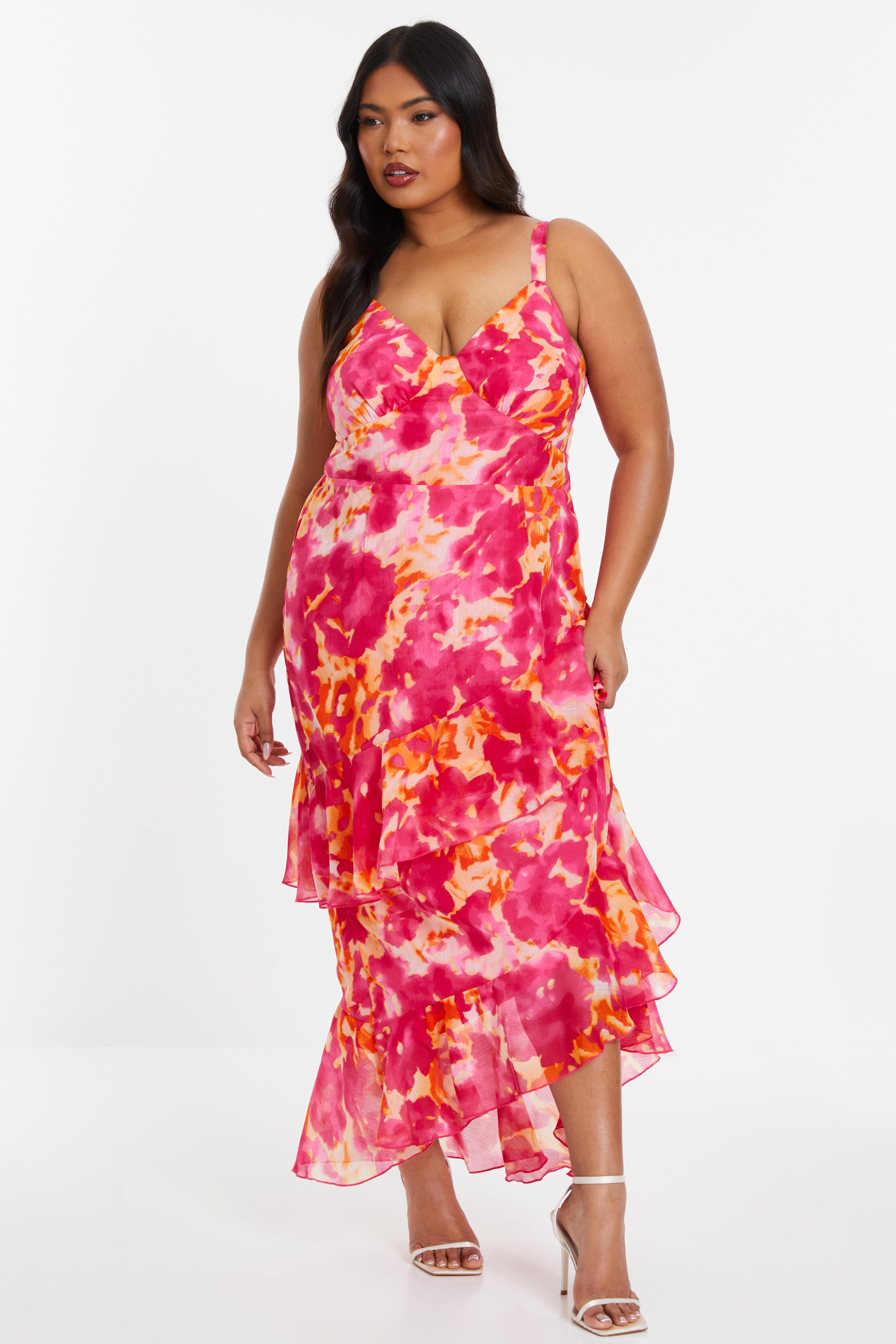 Curve Pink Smudge Print Ruffle Midi Dress