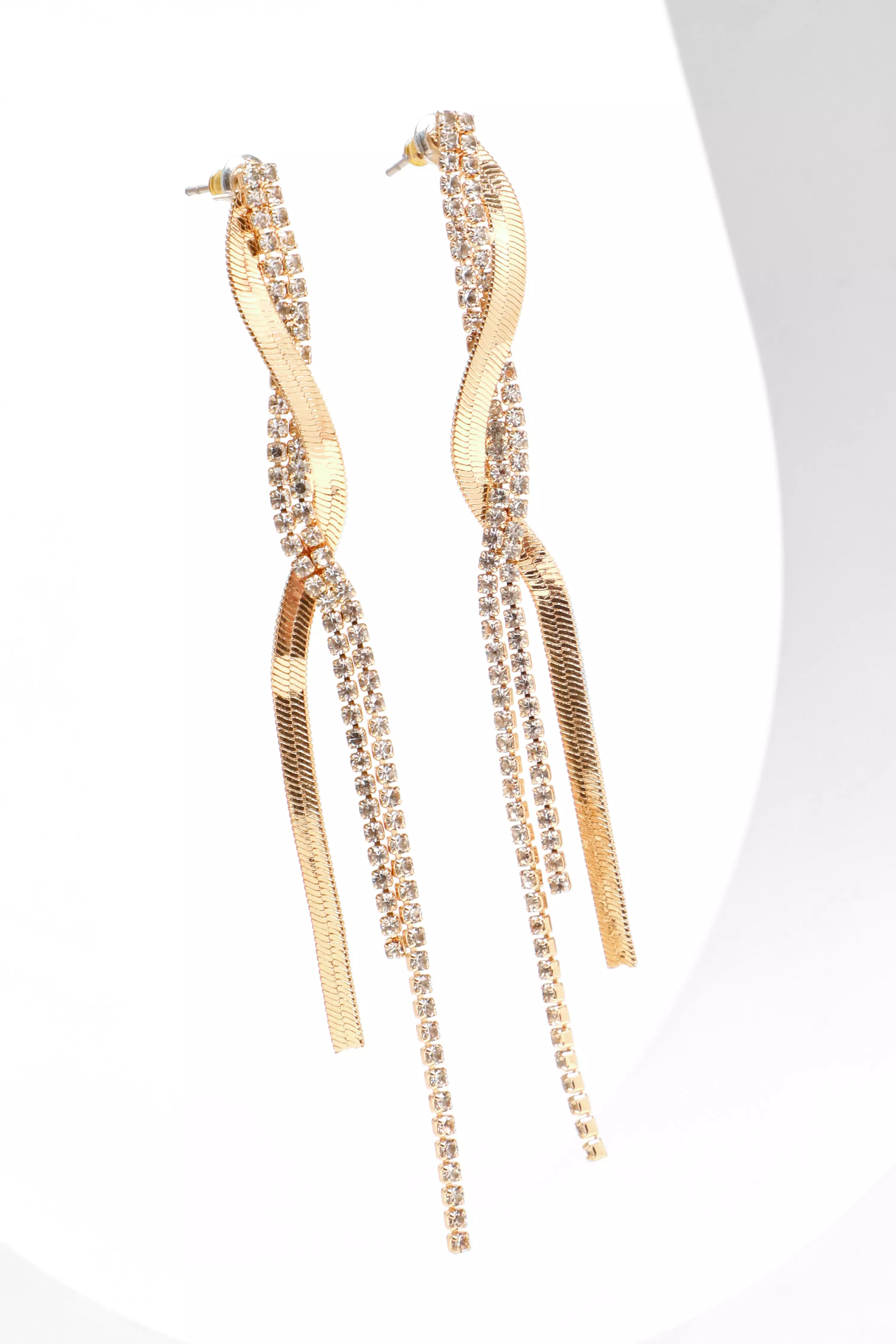 Gold Diamante Twist Long Earrings QUIZ Clothing