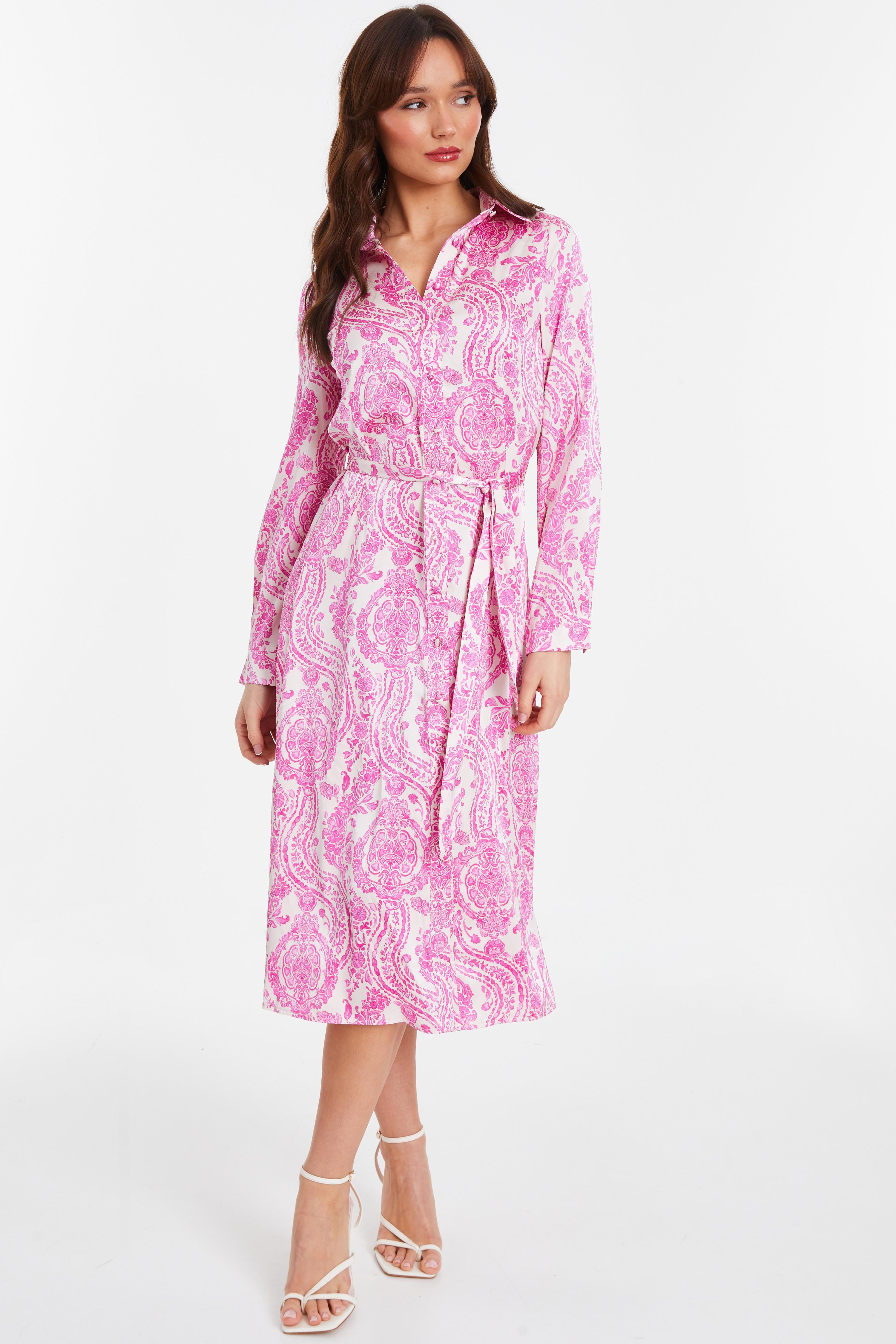 Pink Paisley Satin Shirt Midi Dress