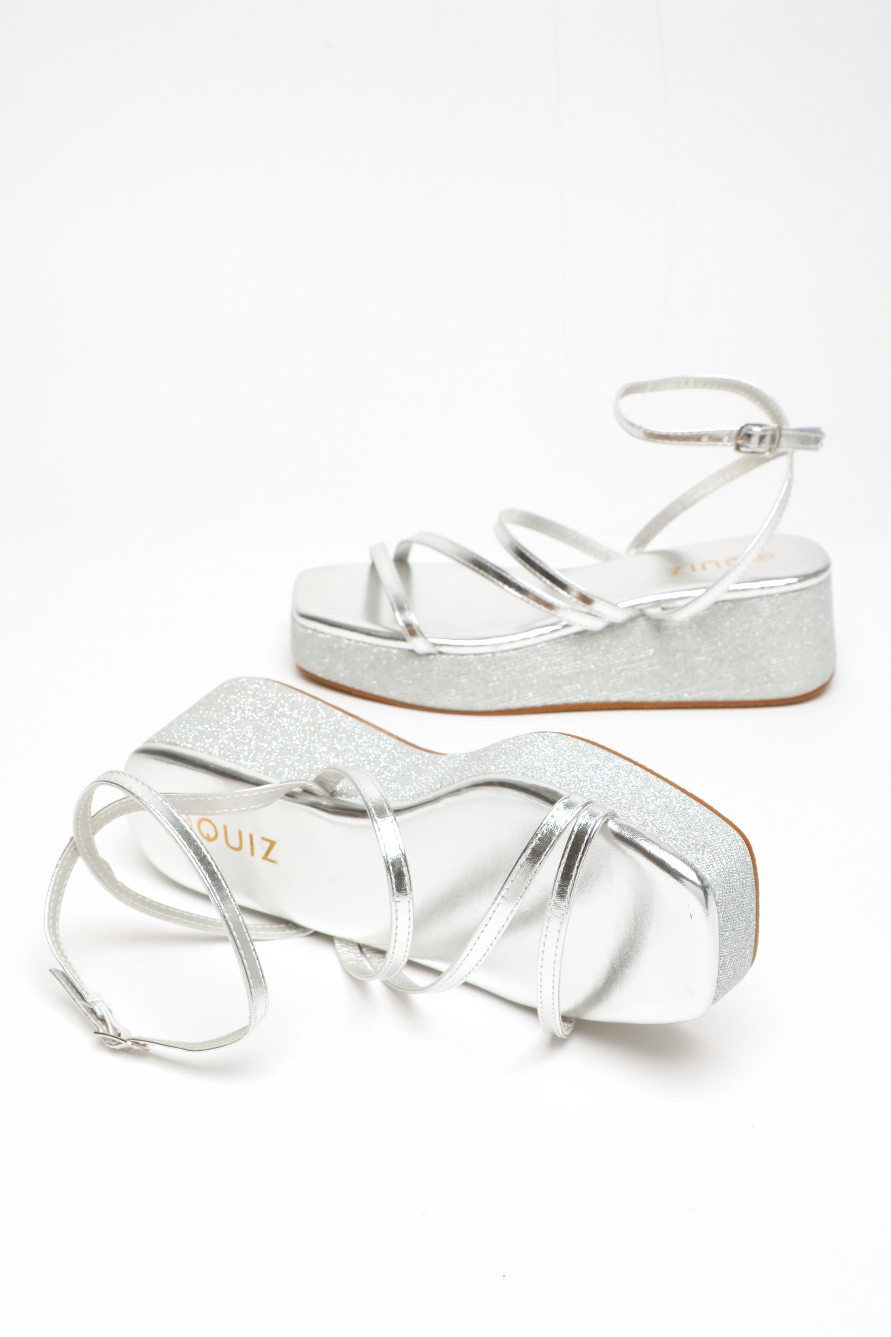 Silver Glitter Strappy Flatform Sandals QUIZ Clothing