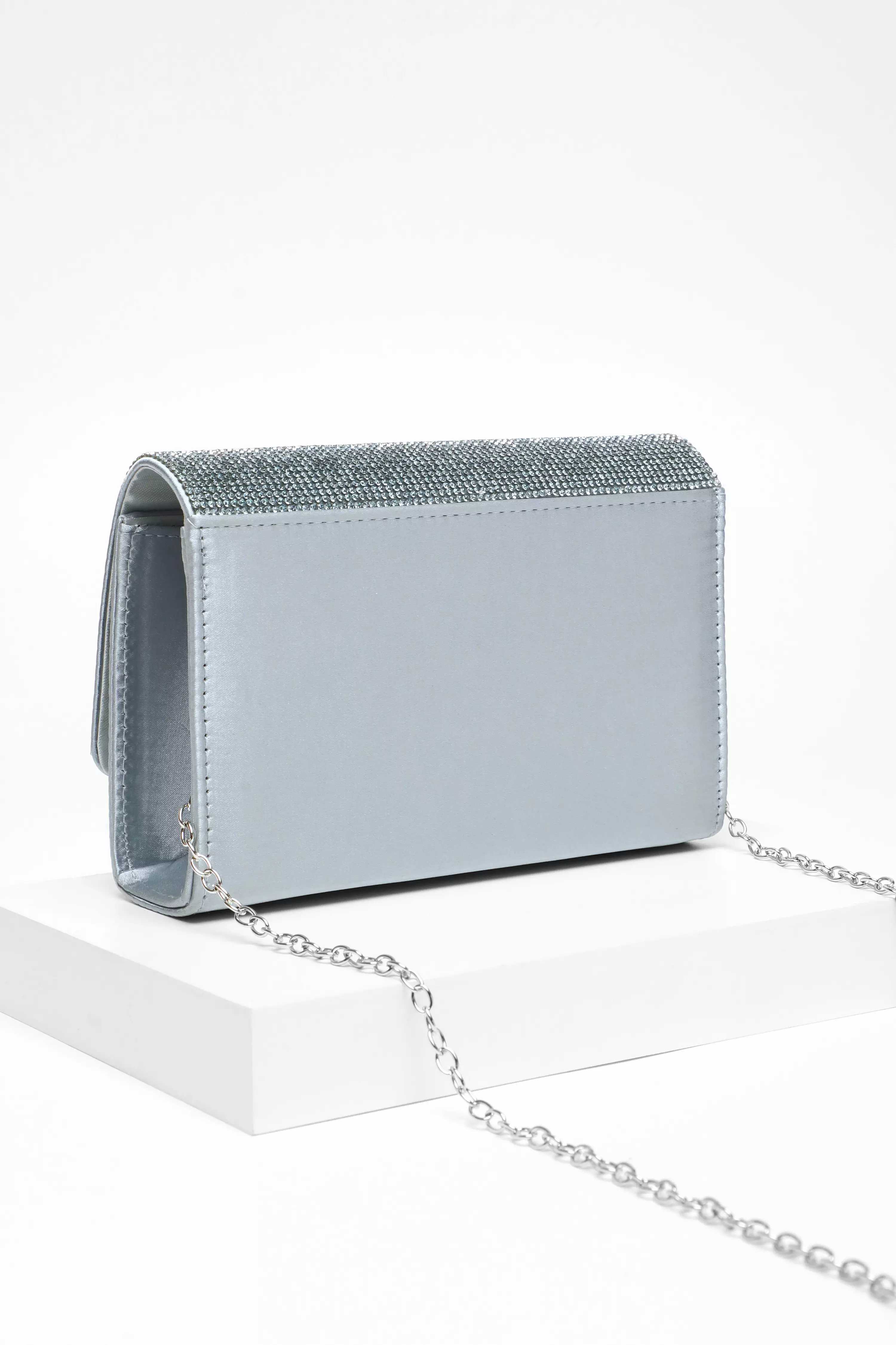 Light Blue Satin Diamante Clutch Bag QUIZ Clothing