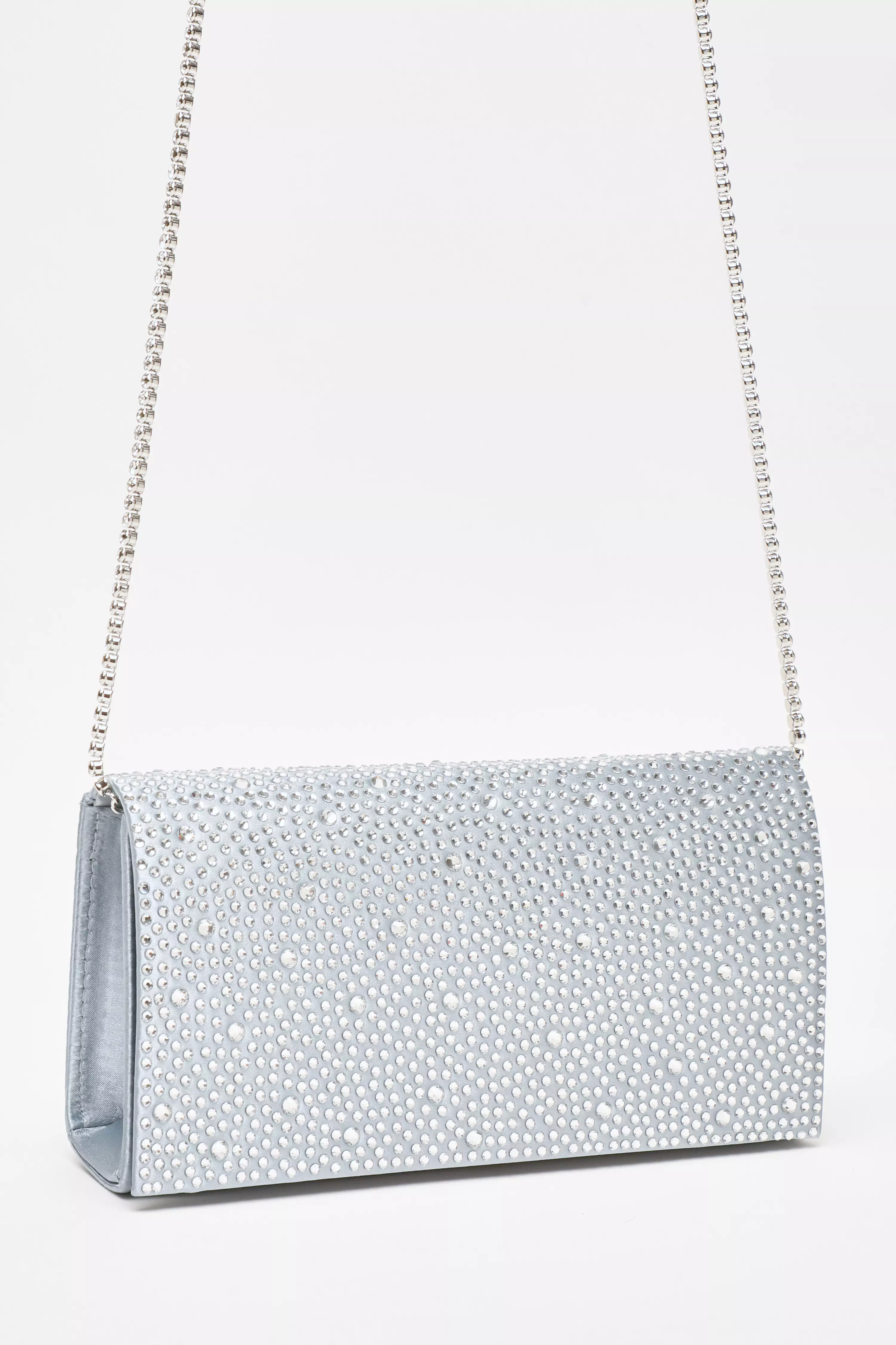 Blue Satin Diamante Clutch Bag QUIZ Clothing
