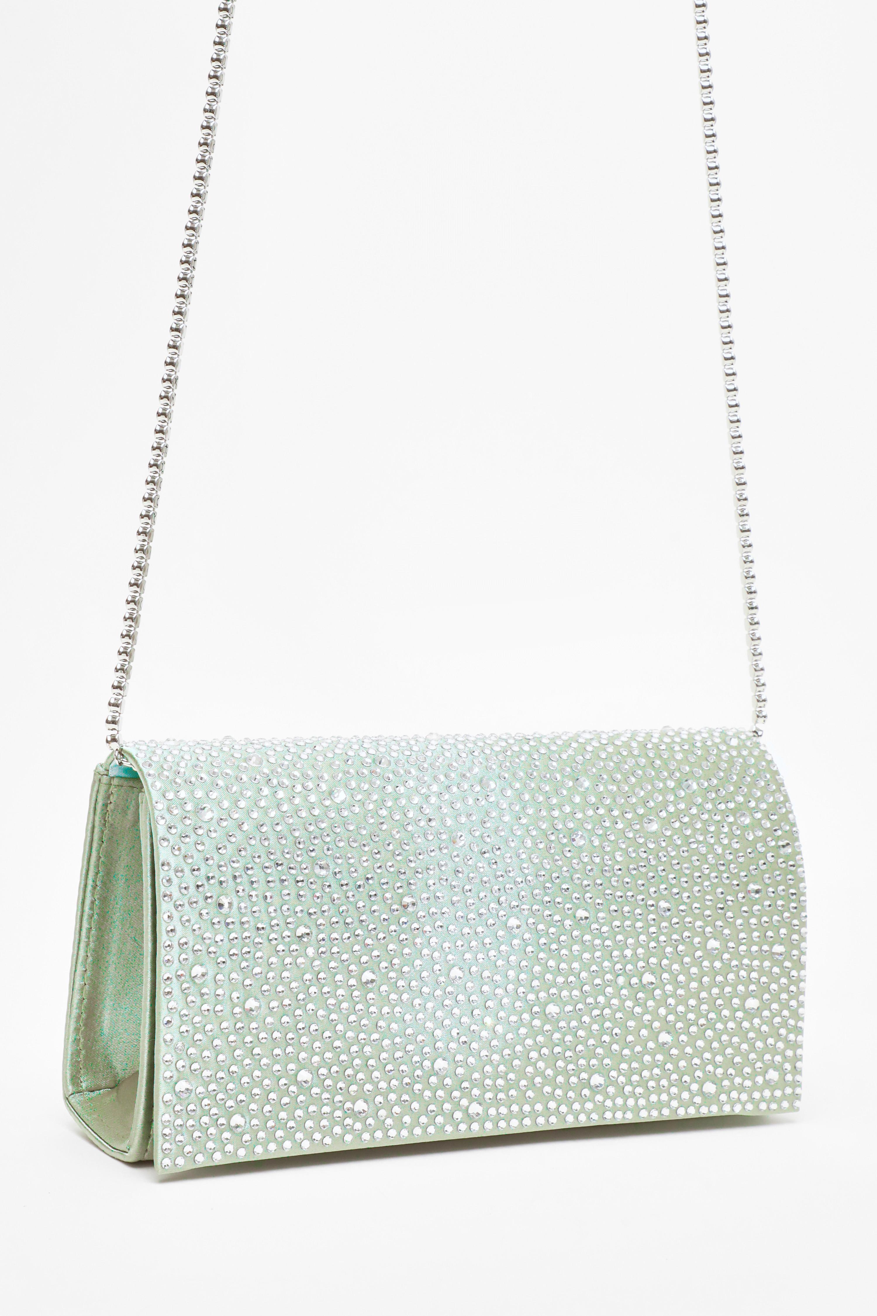 Sage Satin Diamante Clutch Bag