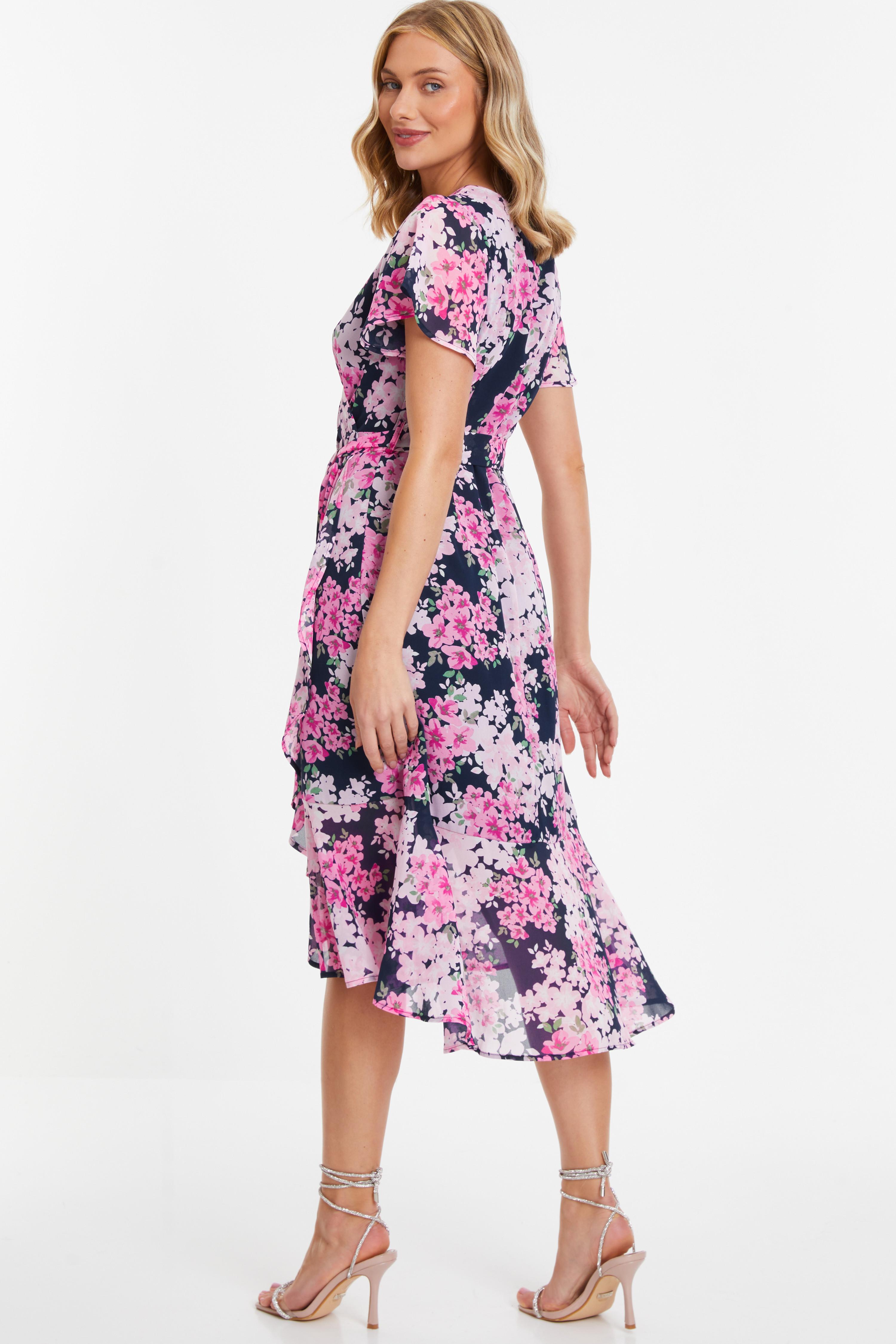 Quiz navy and pink floral best sale tea dress