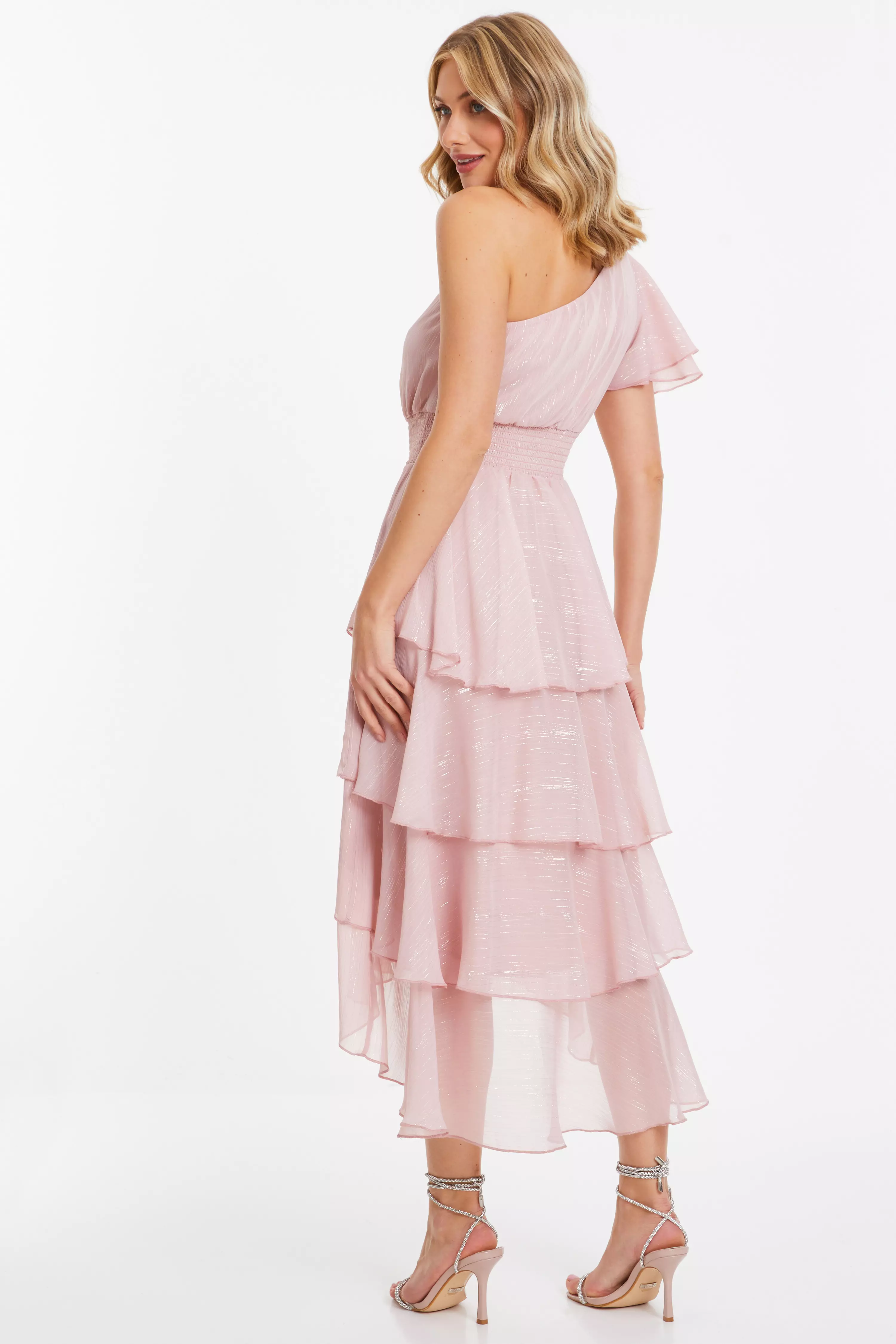 Pink Chiffon One Sleeve Midi Dress QUIZ Clothing