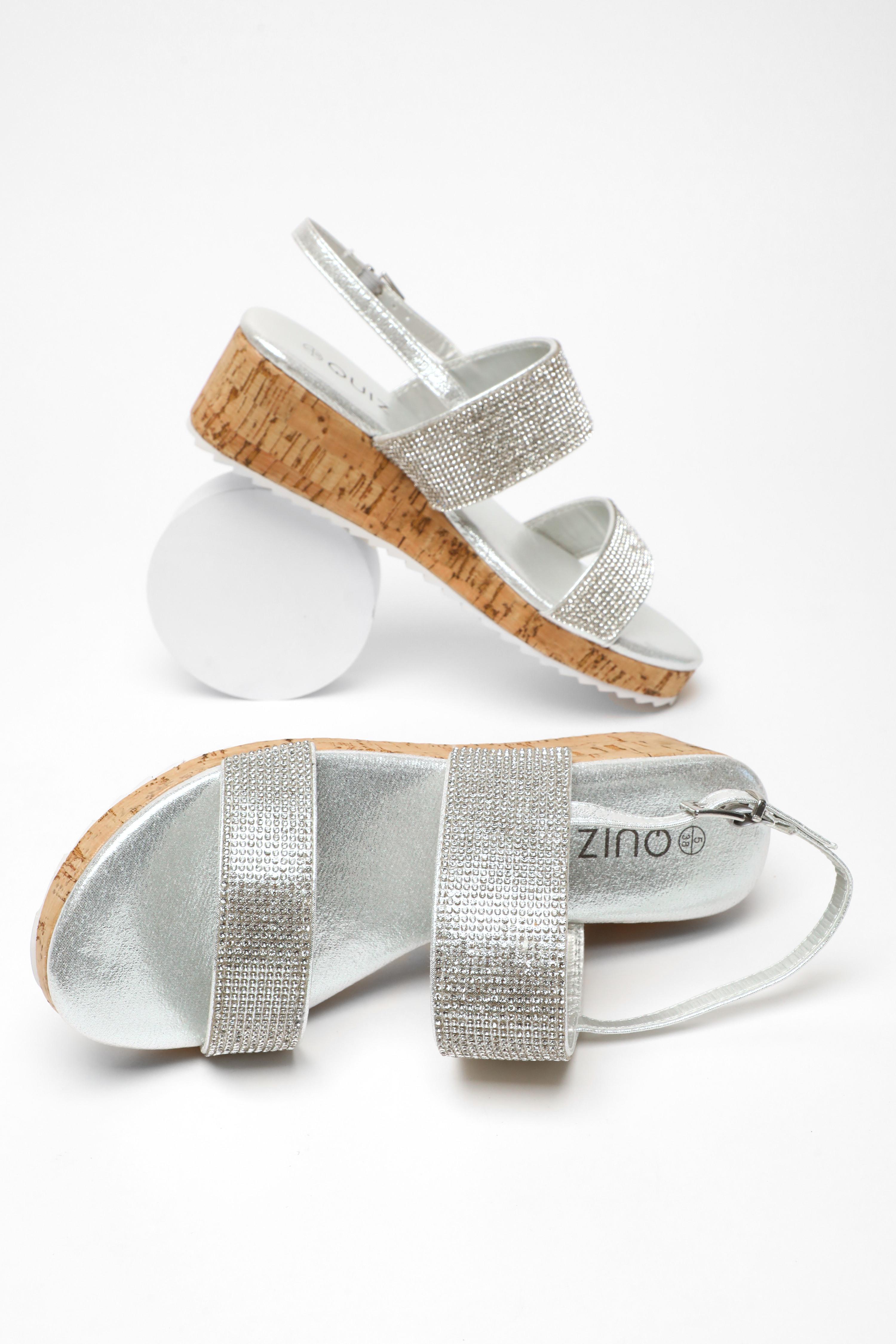 Silver Diamante Double Strap Low Wedges QUIZ Clothing