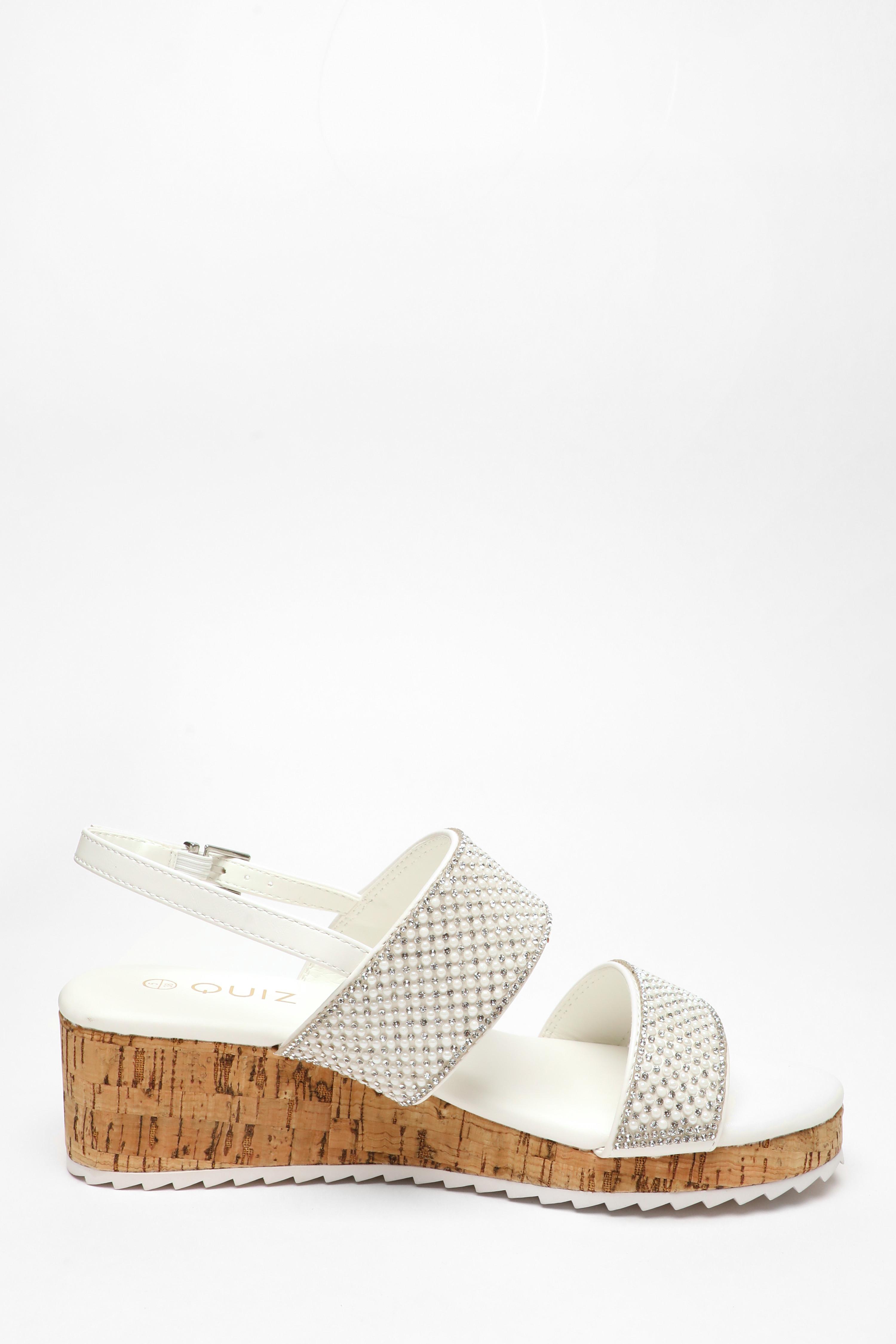 White Diamante Double Strap Low Wedges QUIZ Clothing