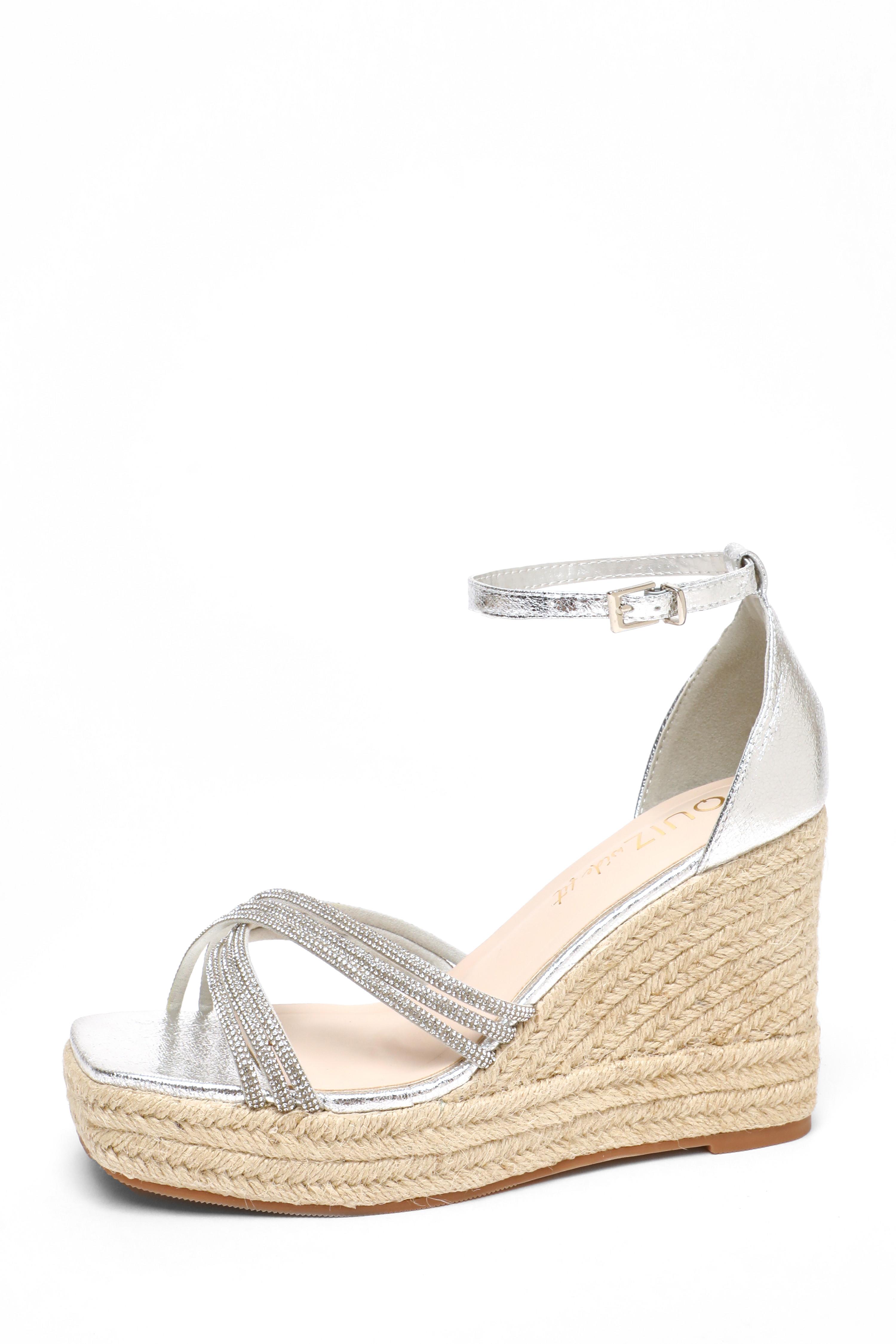 Wide Fit Silver Diamante Cross Strap High Woven Wedges QUIZ Clothing