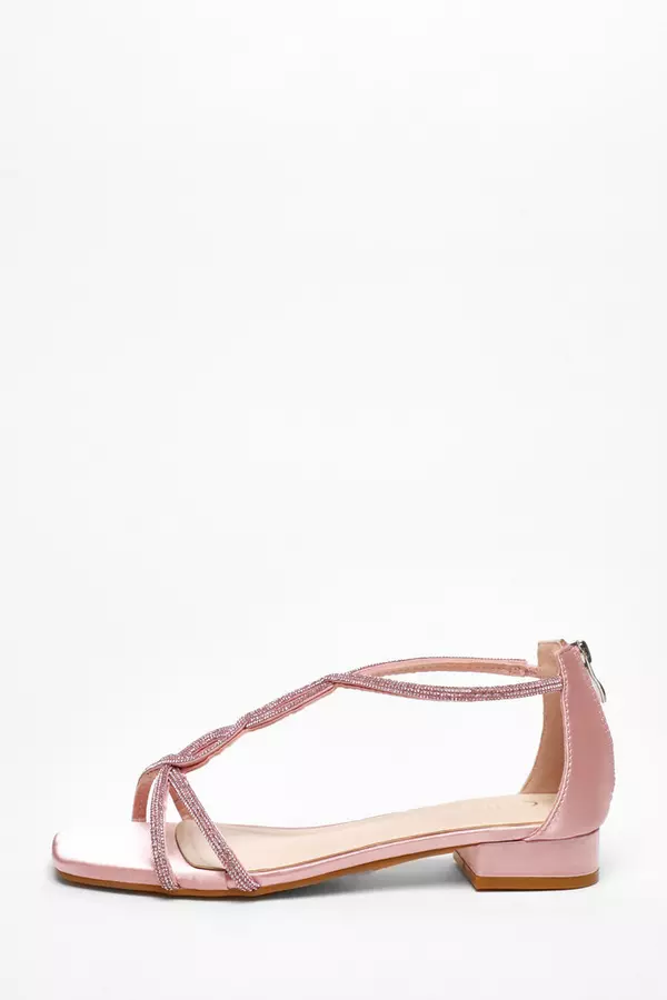 Pink Satin Diamante T-Strap Flat Sandals - QUIZ Clothing