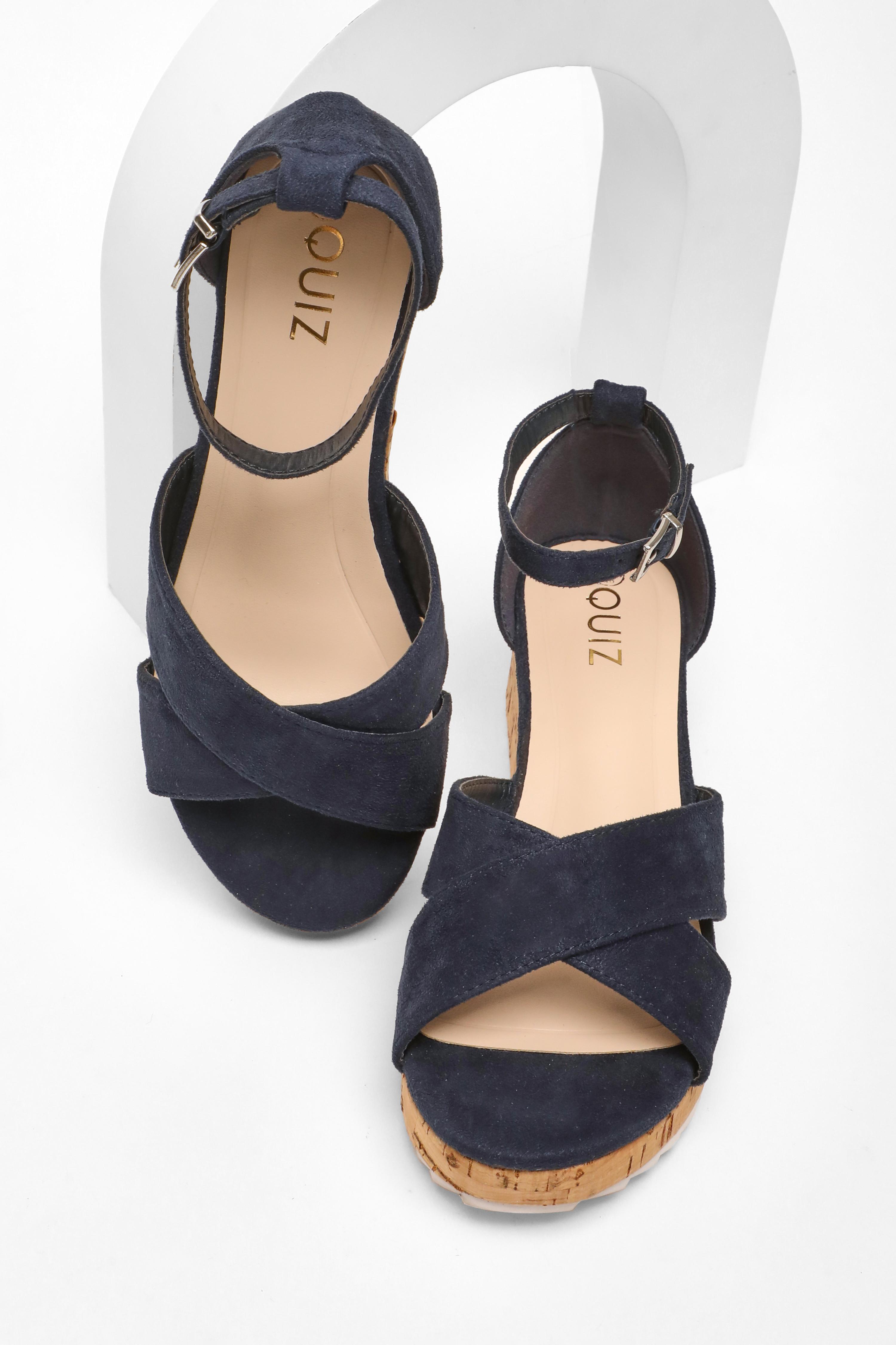 Navy Faux Leather Cross Strap Low Wedges QUIZ Clothing