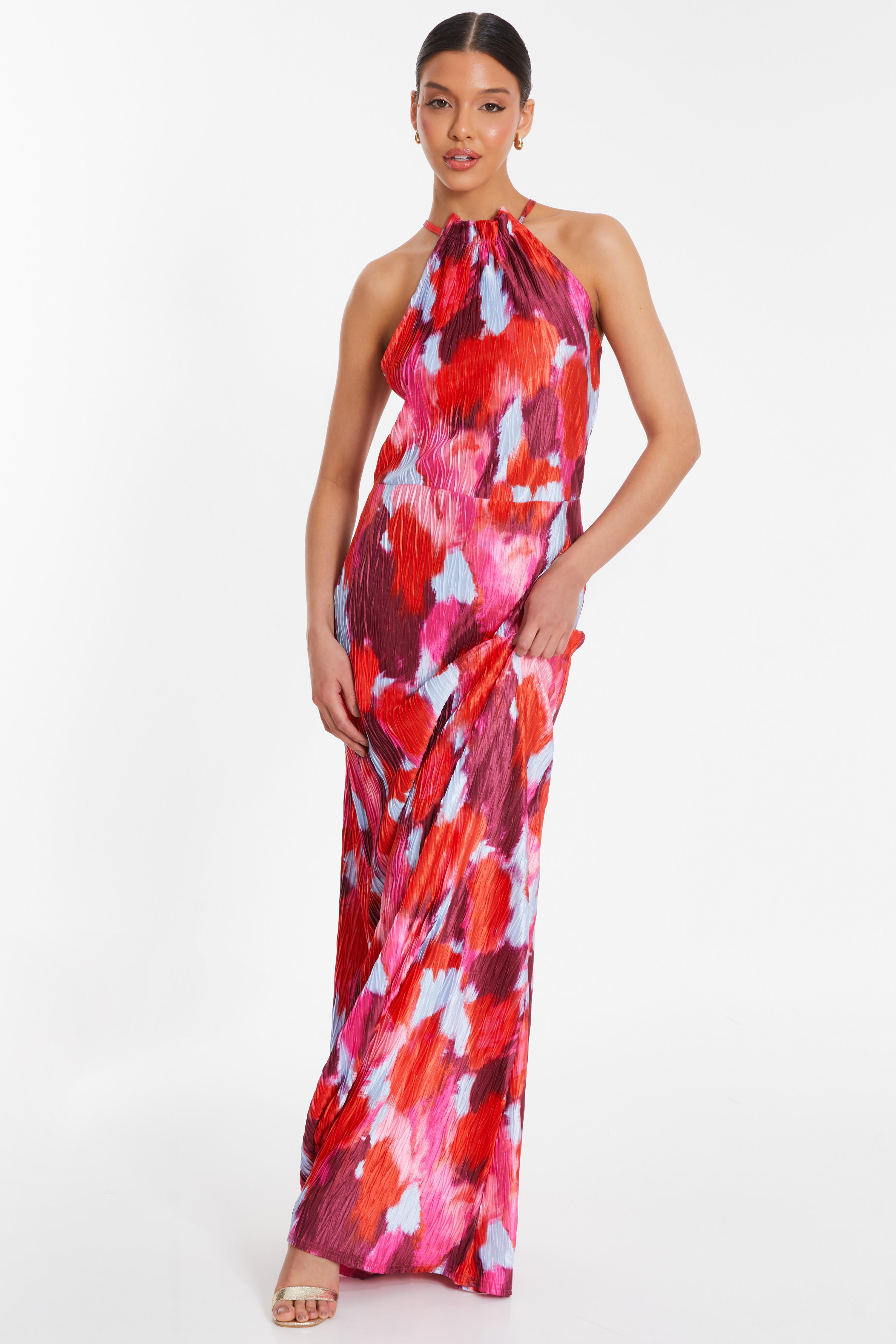 Red Abstract Print Pleated Maxi Dress