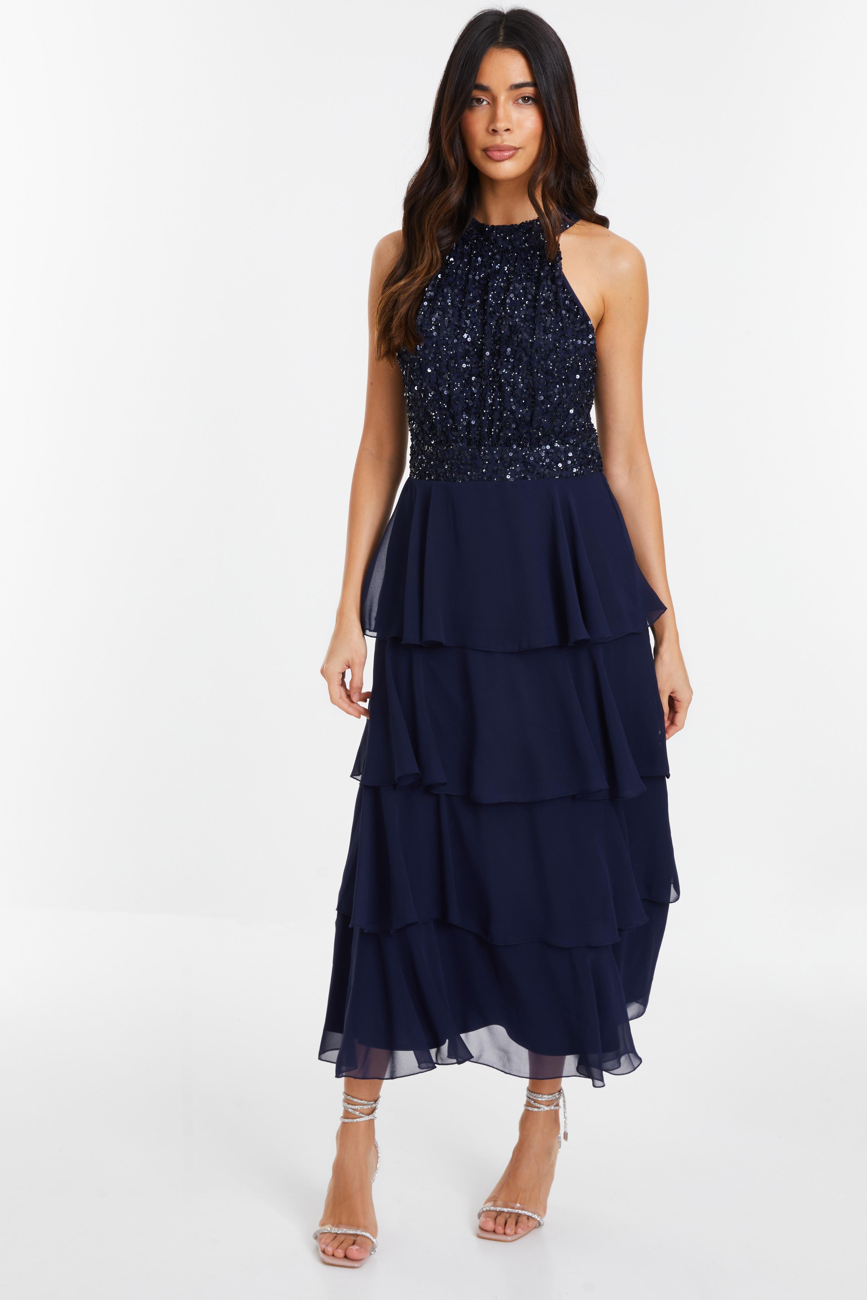 Navy Embellished Tiered Midi Dress QUIZ Clothing
