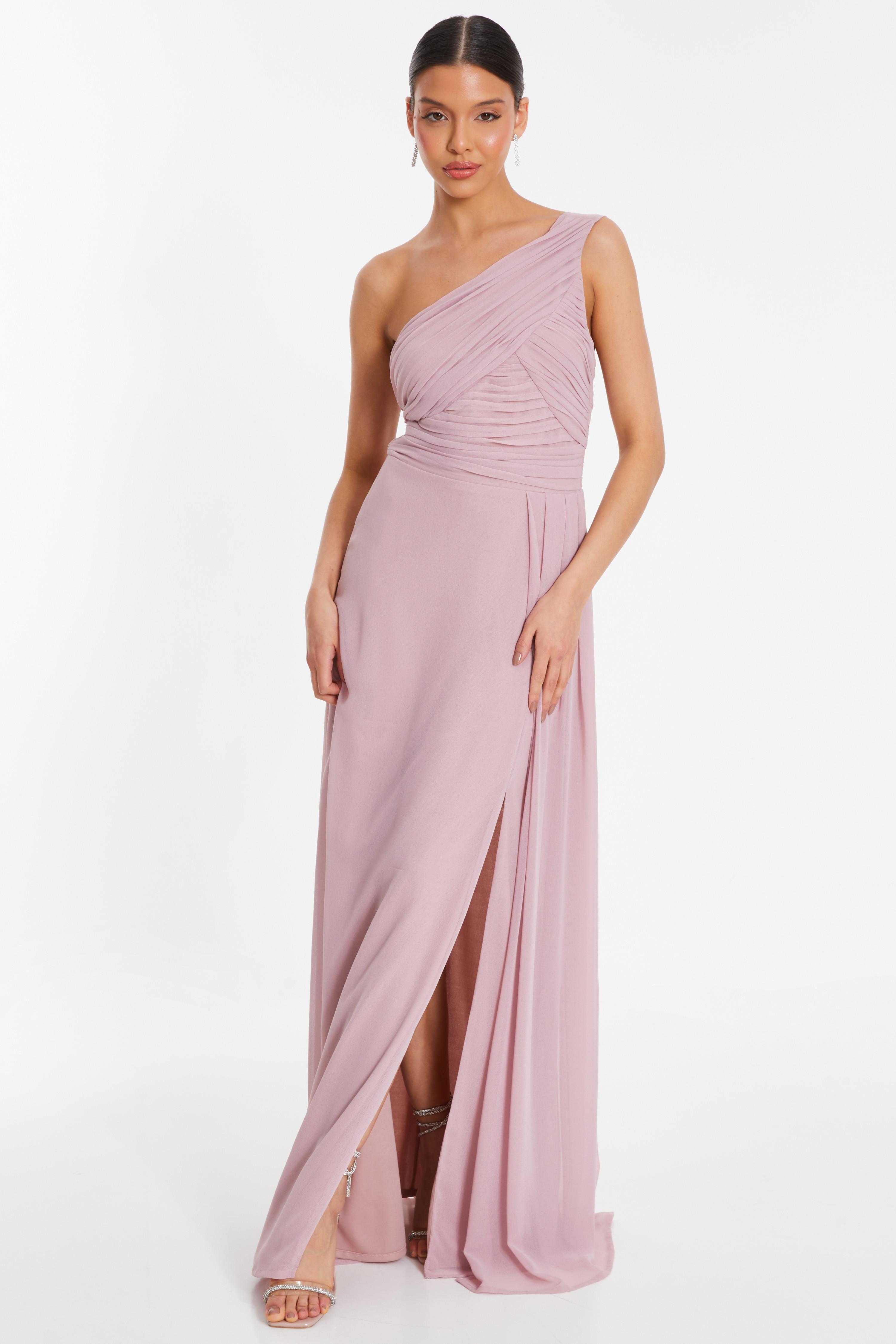 Pink One Shoulder Chiffon Maxi Dress