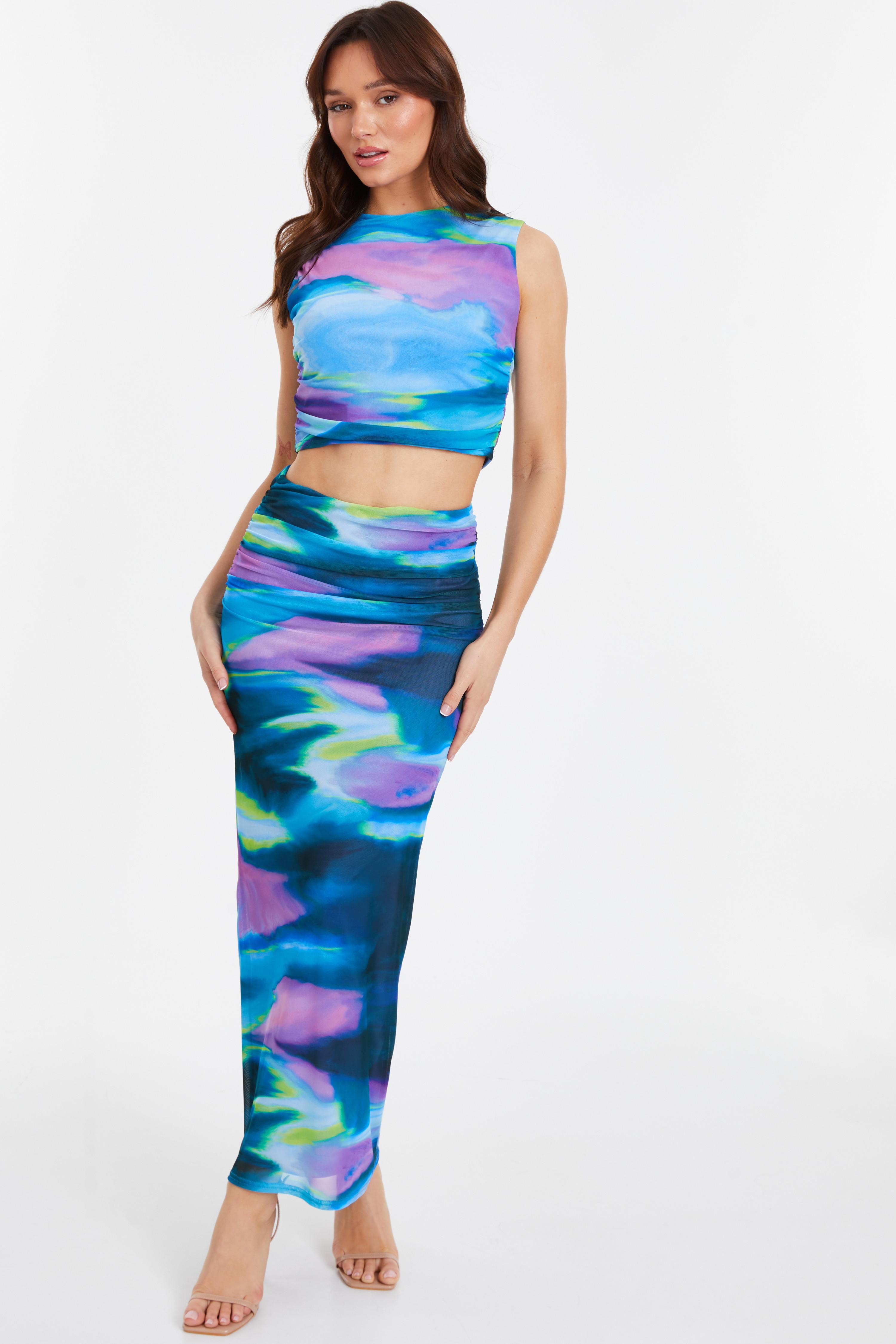 Blue Abstract Print Mesh Maxi Skirt