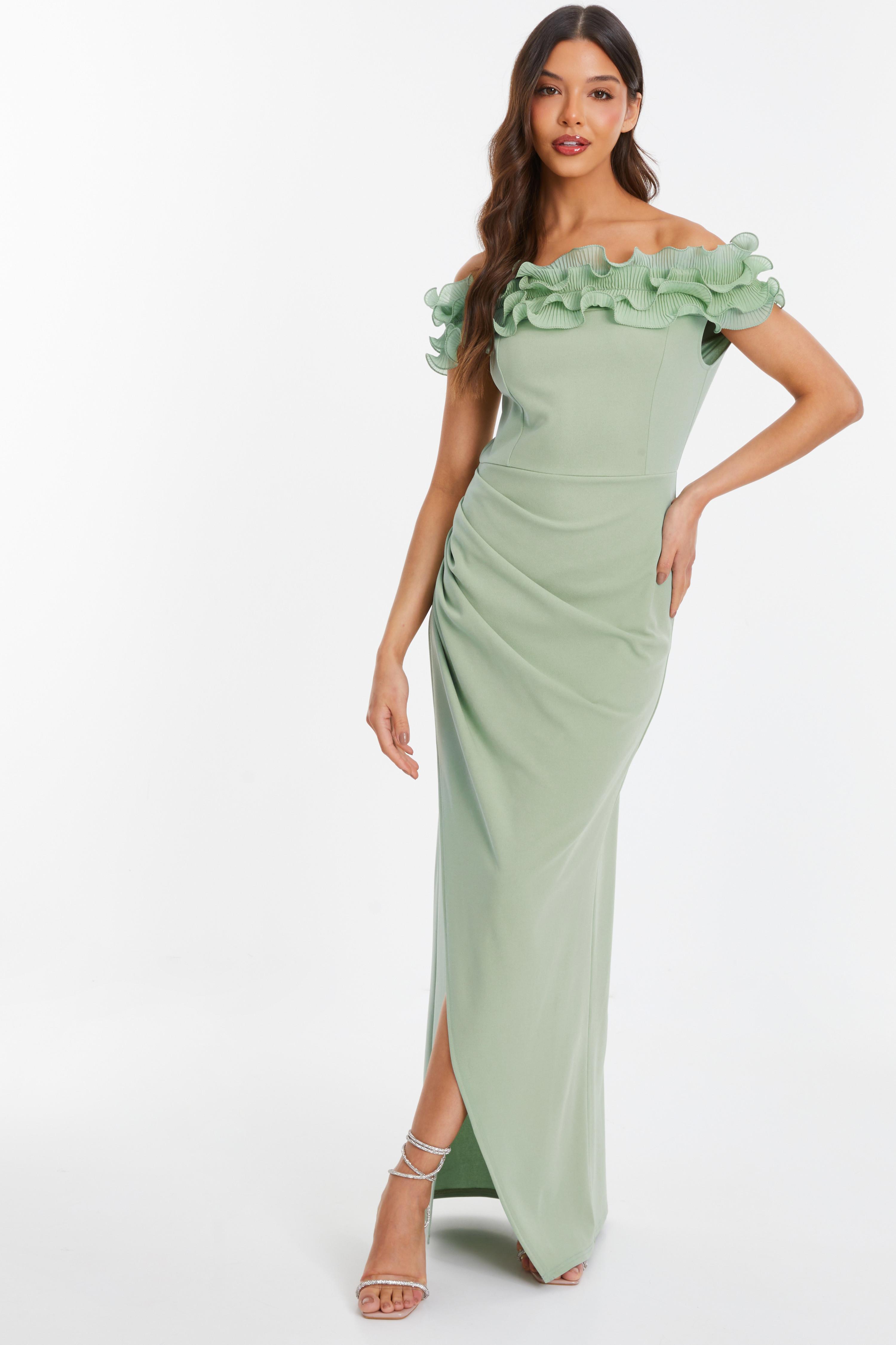 Sage Green Ruffle Bardot Maxi Dress QUIZ Clothing