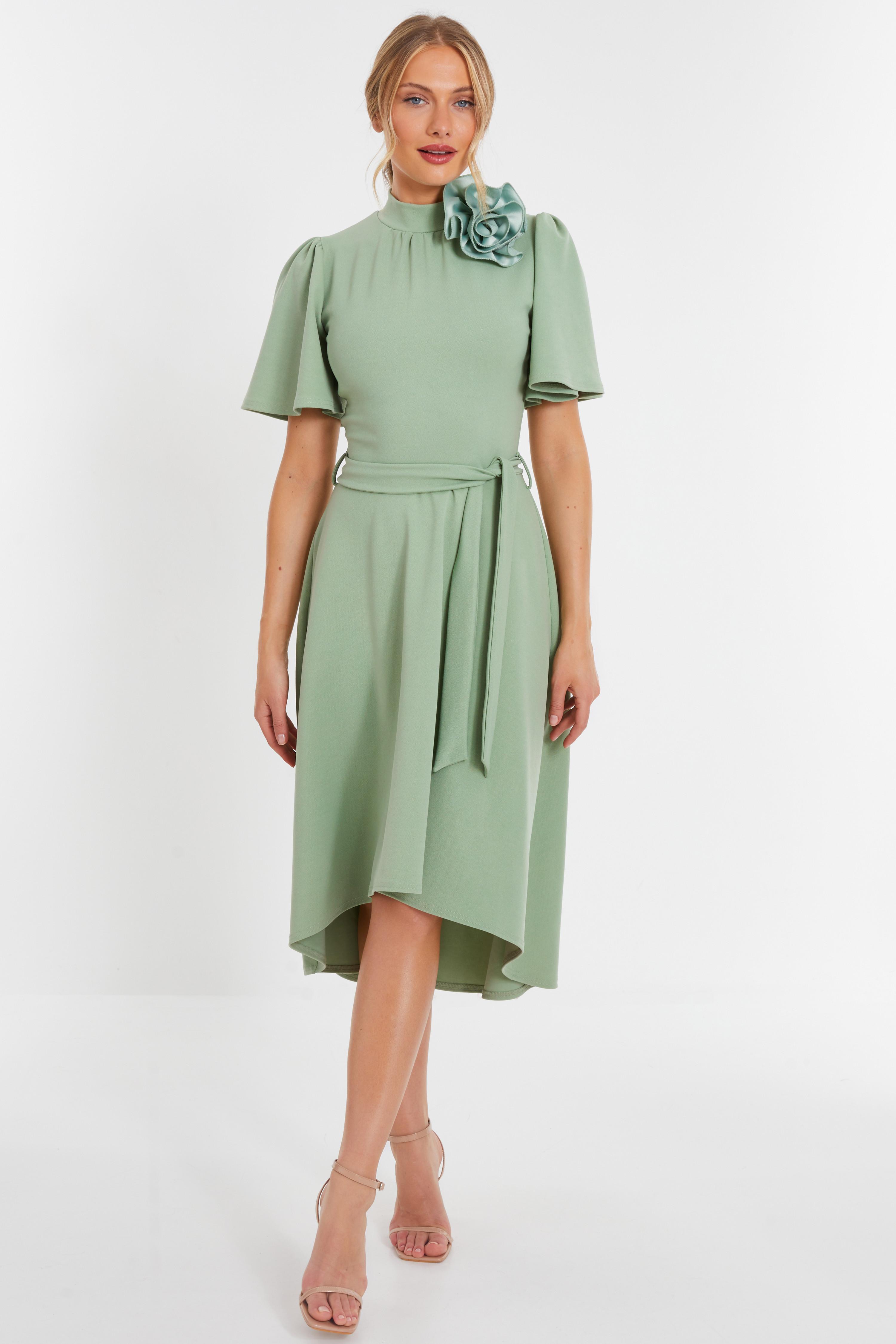 Sage Green Corsage Dip Hem Midi Dress