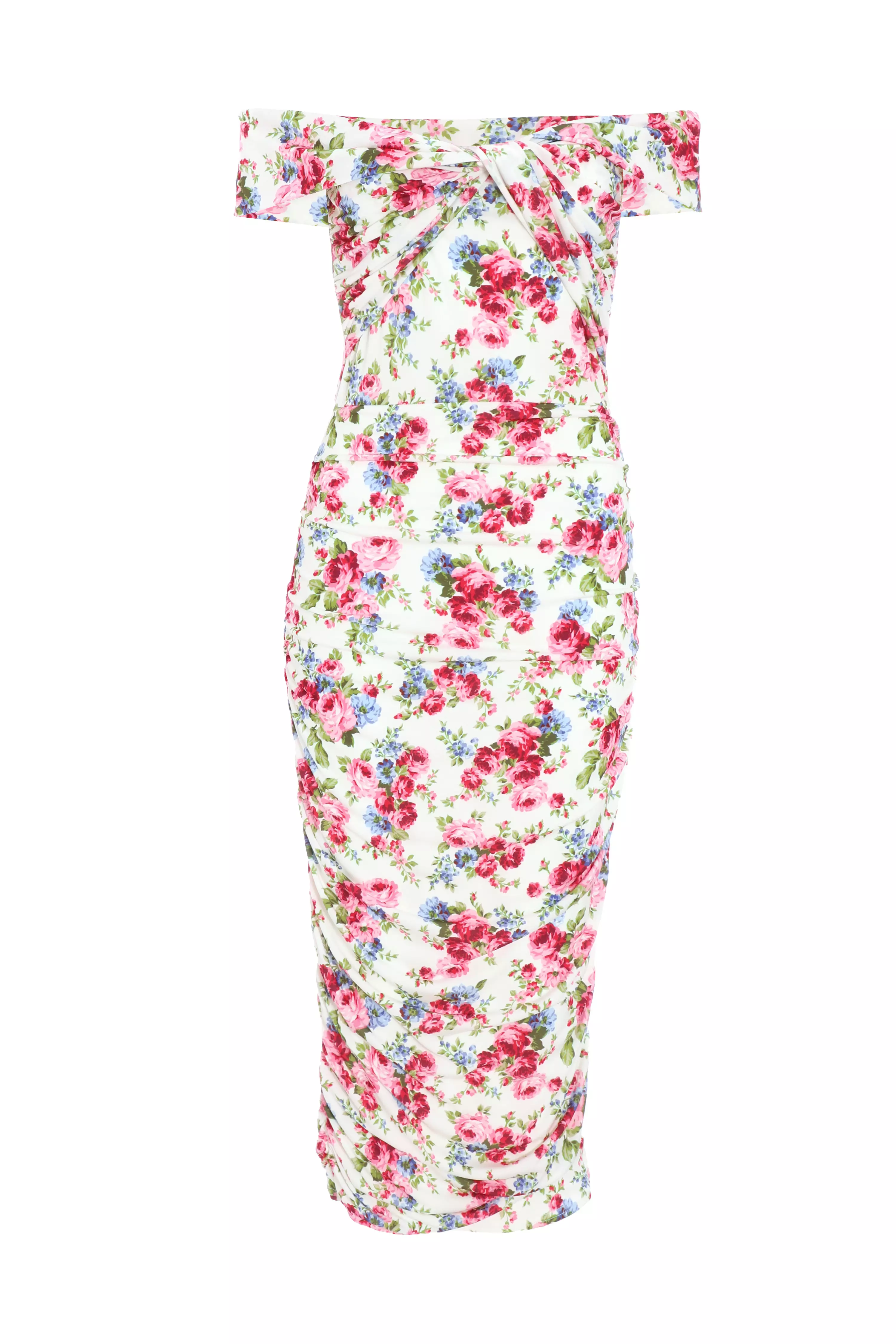 Cream Floral Bardot Midi Dress QUIZ Clothing