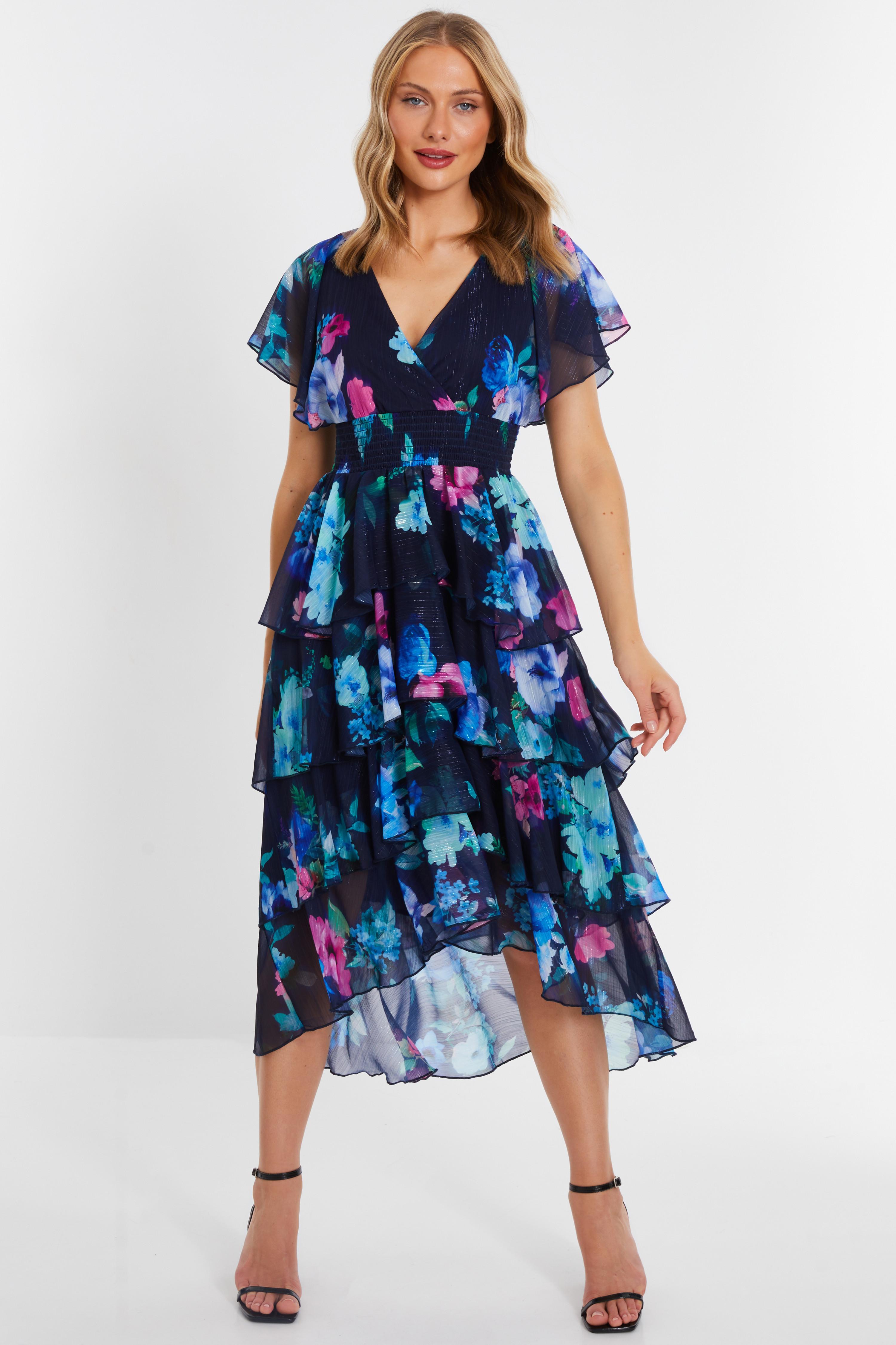Navy Floral Dip Hem Tiered Midi Dress