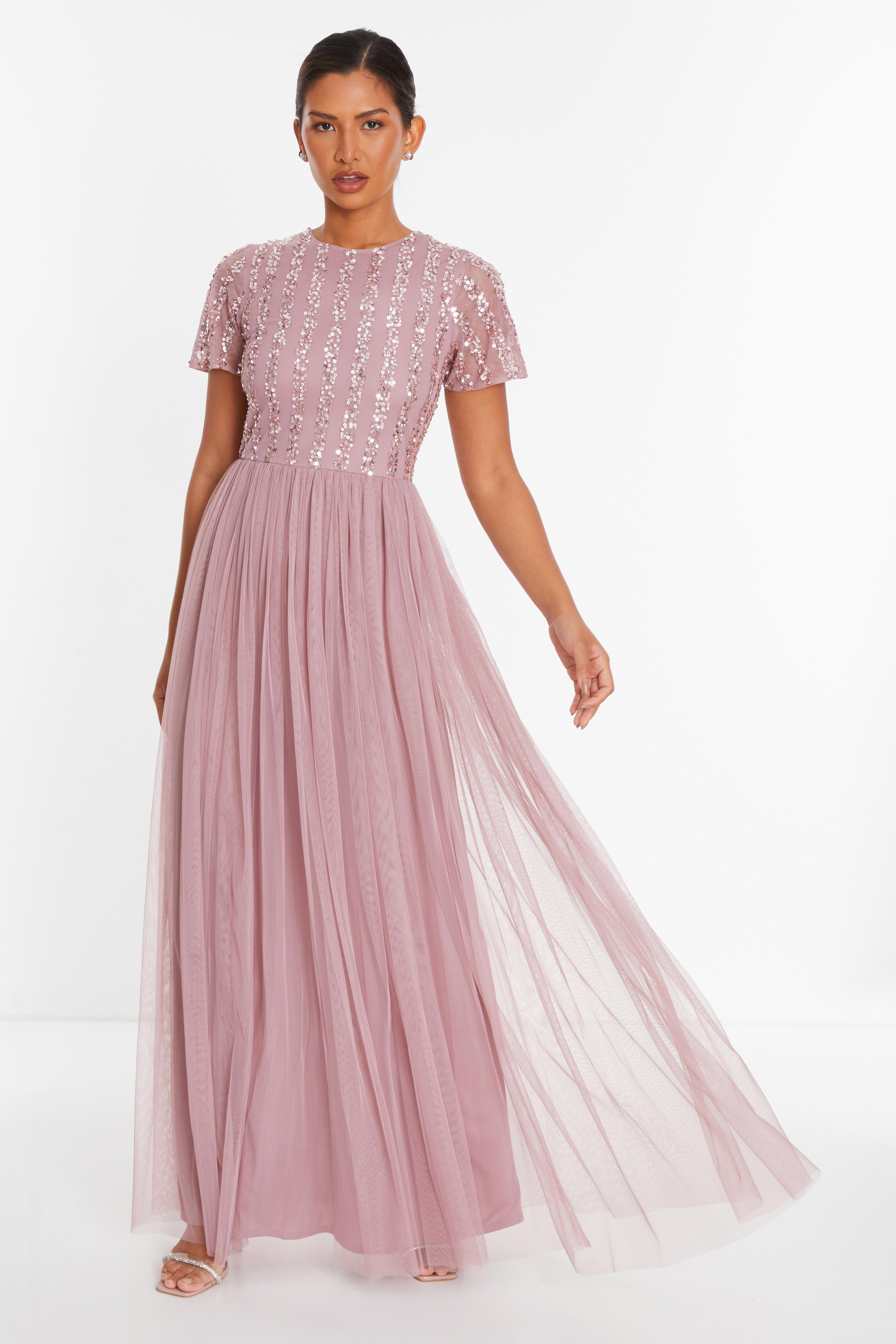 Quiz pink chiffon embellished maxi dress outlet