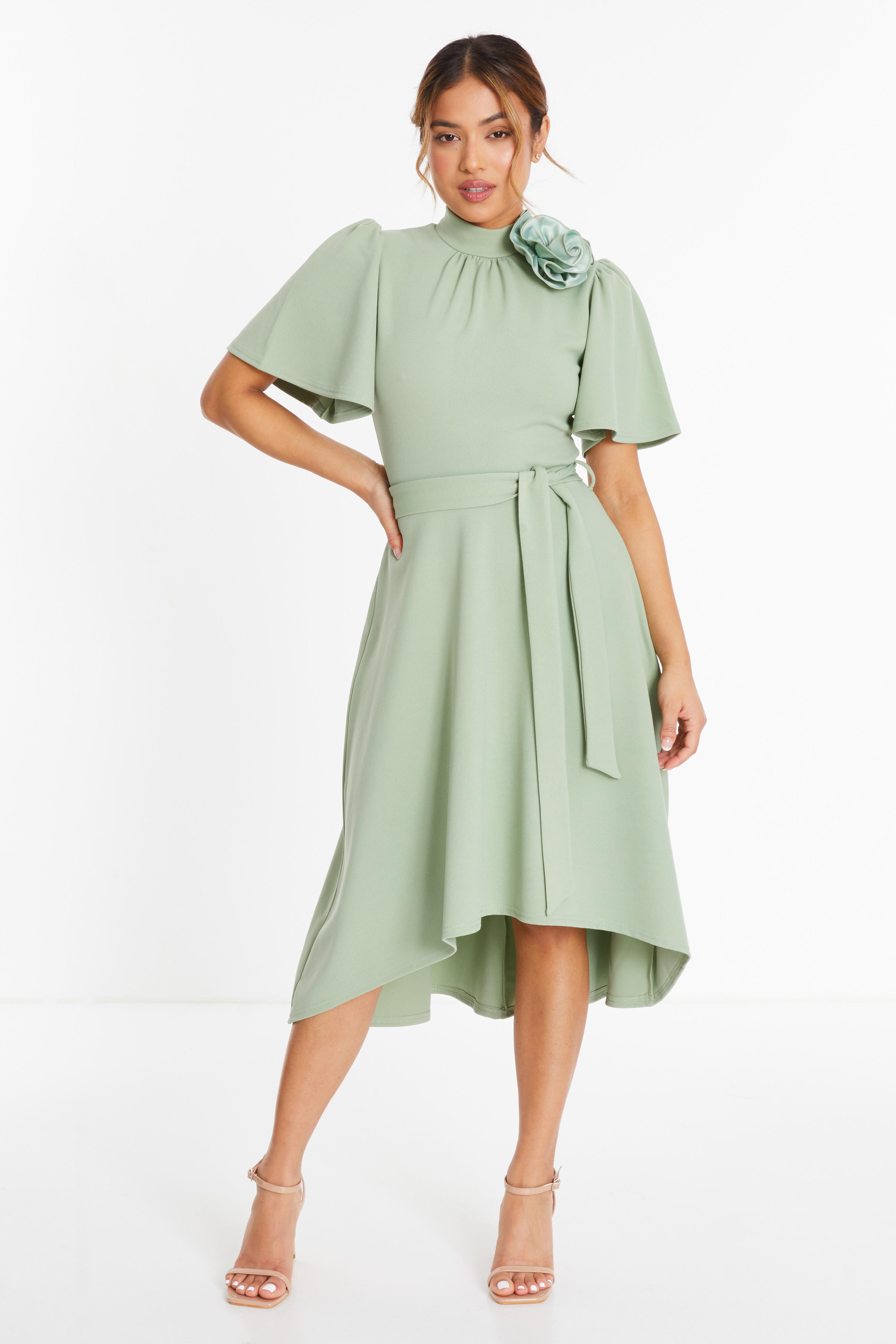 Petite Sage Green Corsage Dip Hem Midi Dress