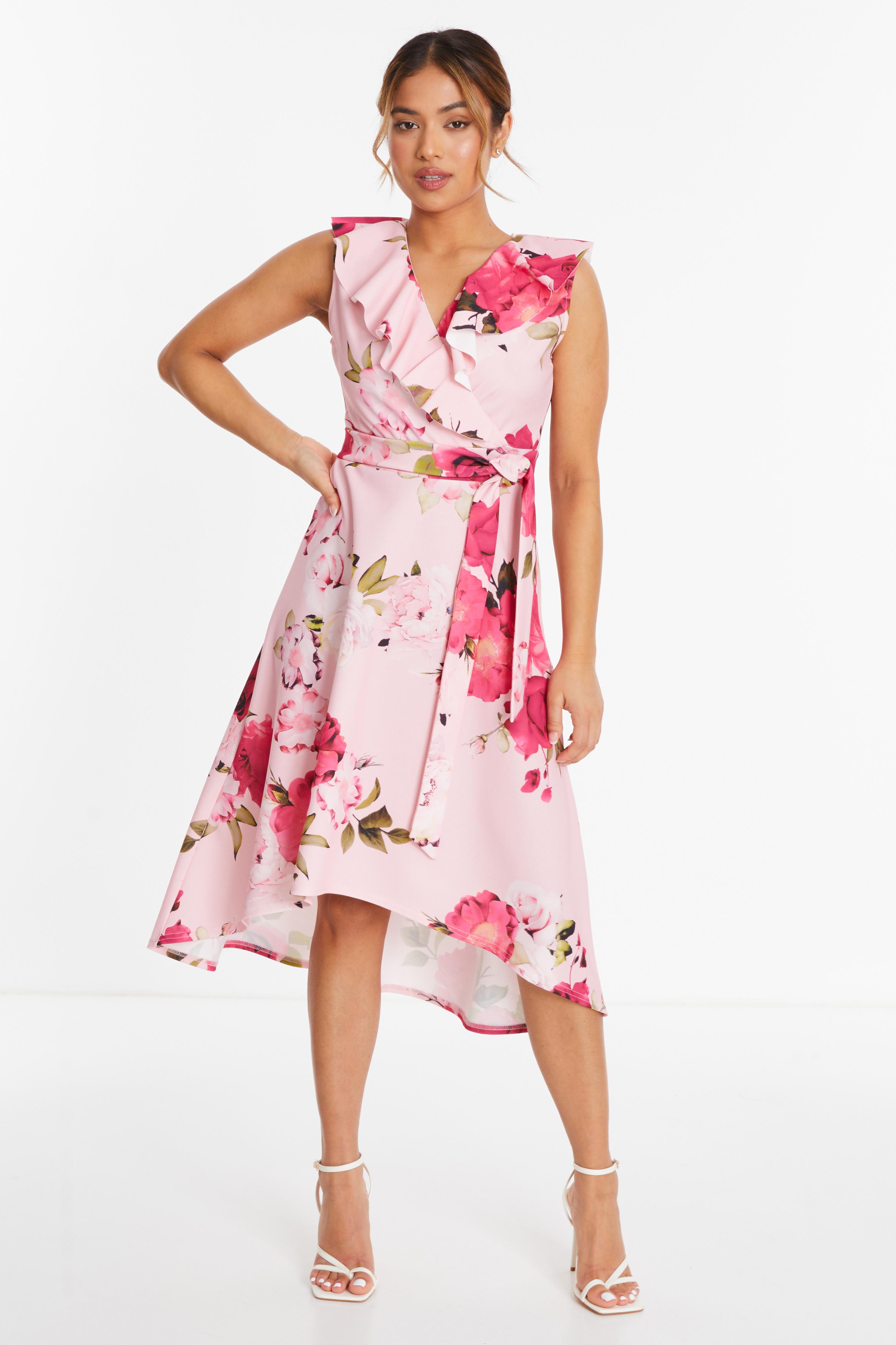 Petite Light Pink Floral Dip Hem Midi Dress