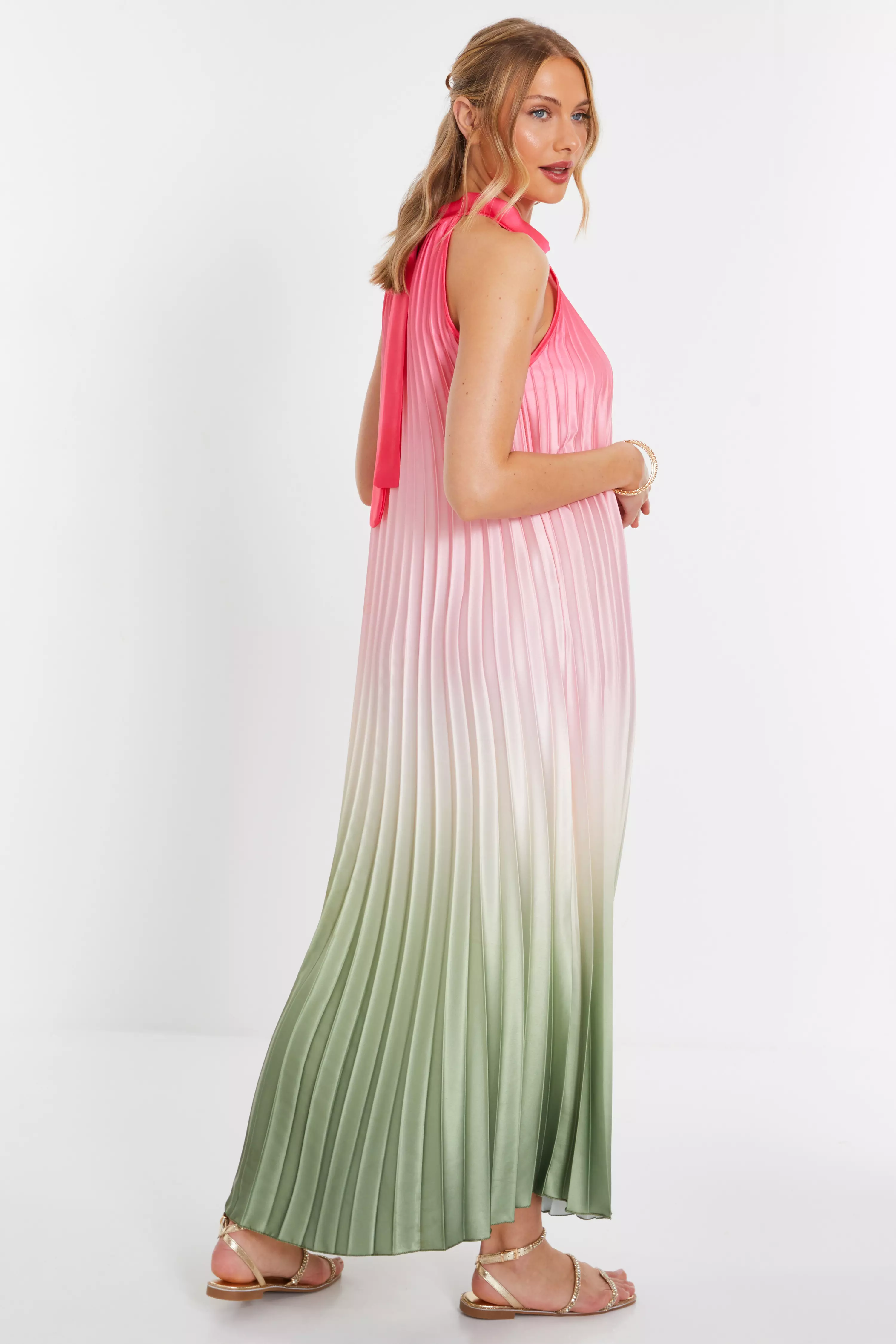 Pink Satin Ombre Pleated Maxi Dress QUIZ Clothing