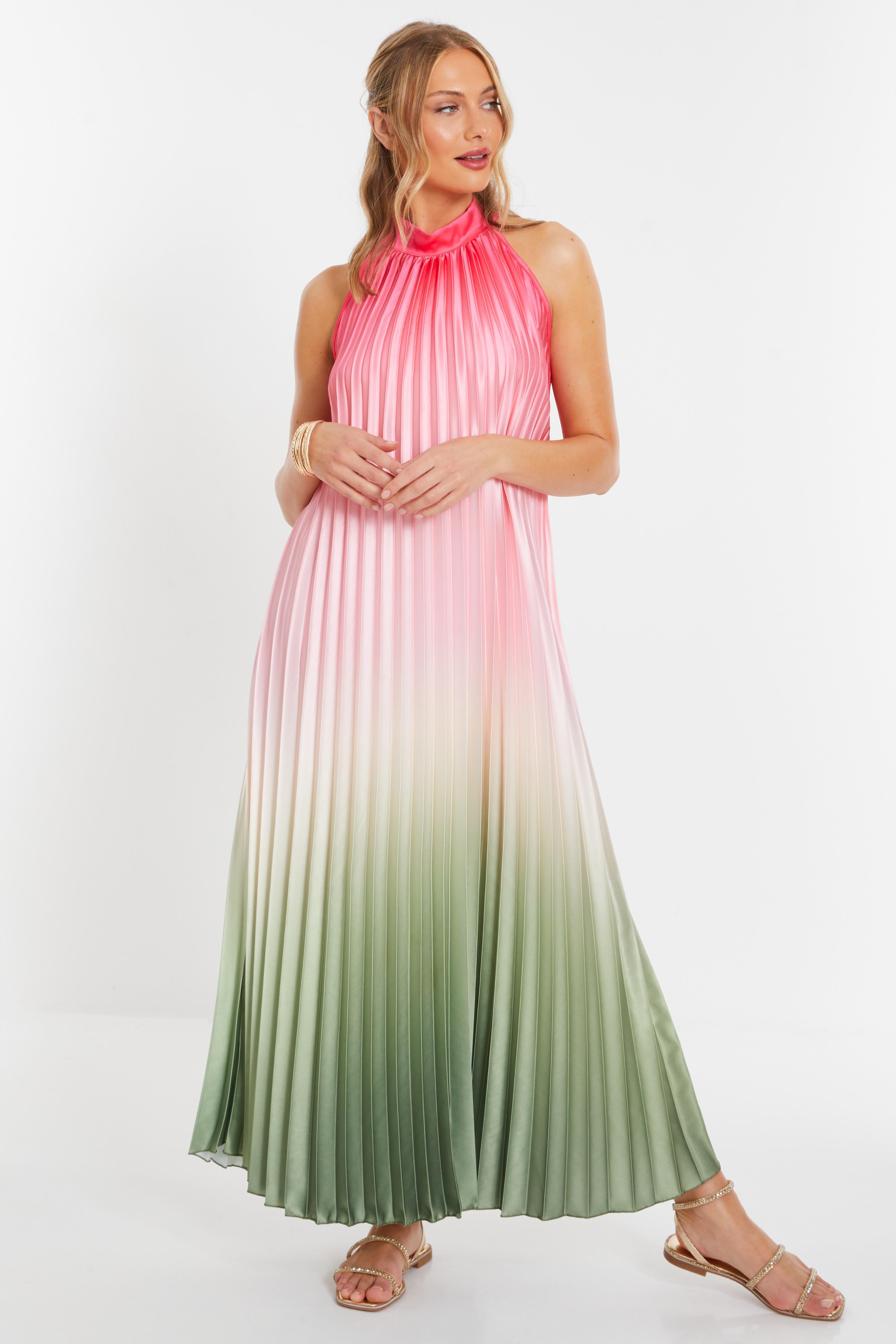 Pink Satin Ombre Pleated Maxi Dress