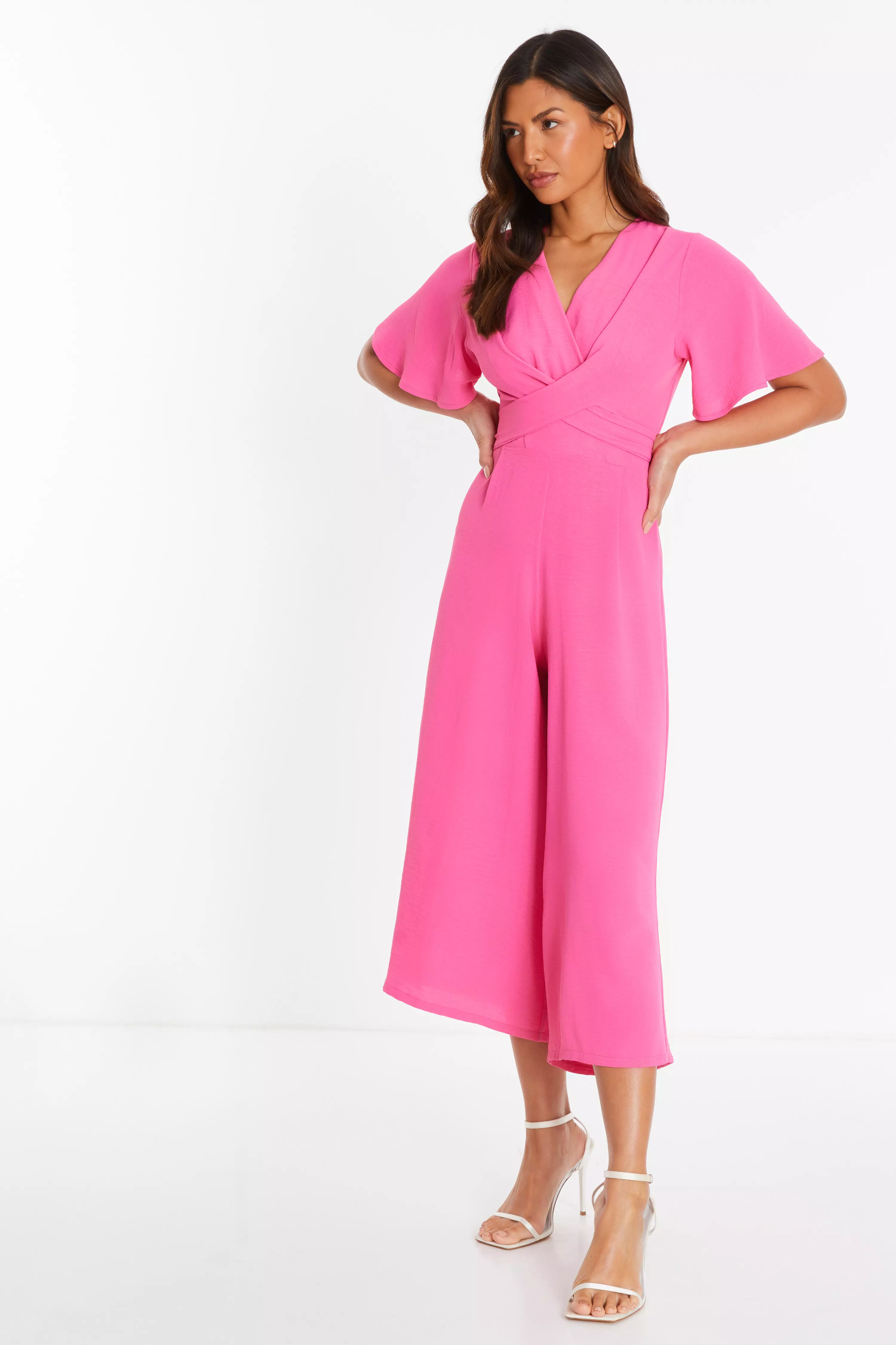 Pink Wrap Front Culotte Jumpsuit QUIZ Clothing