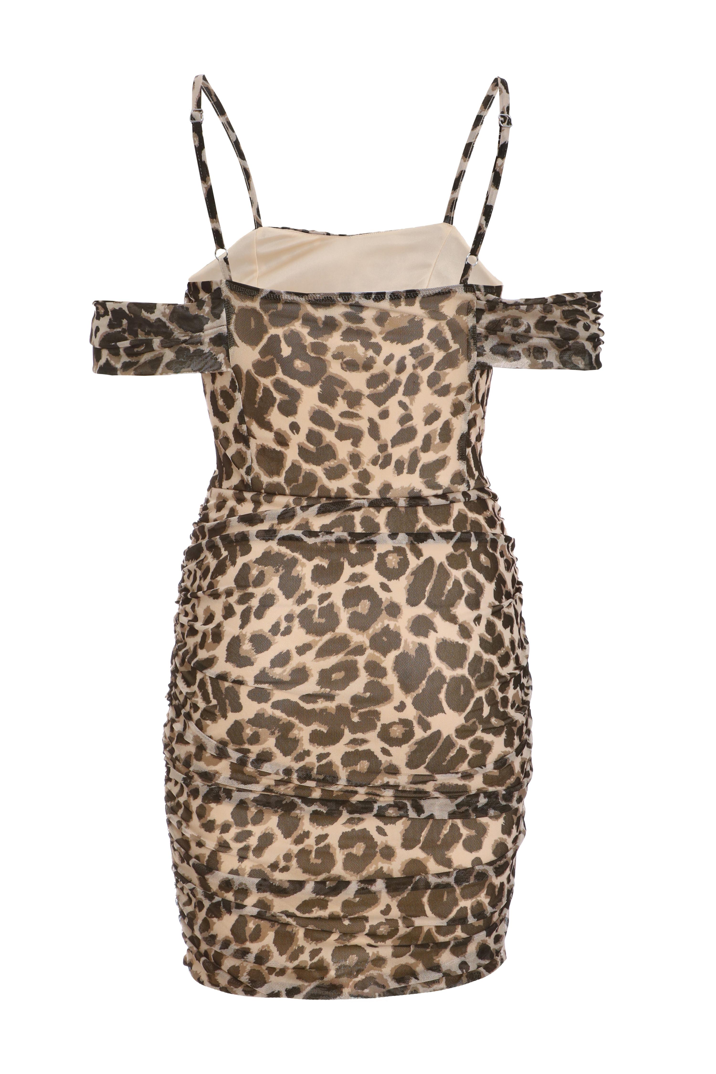 Stone Leopard Print Mesh Bardot Mini Dress QUIZ Clothing