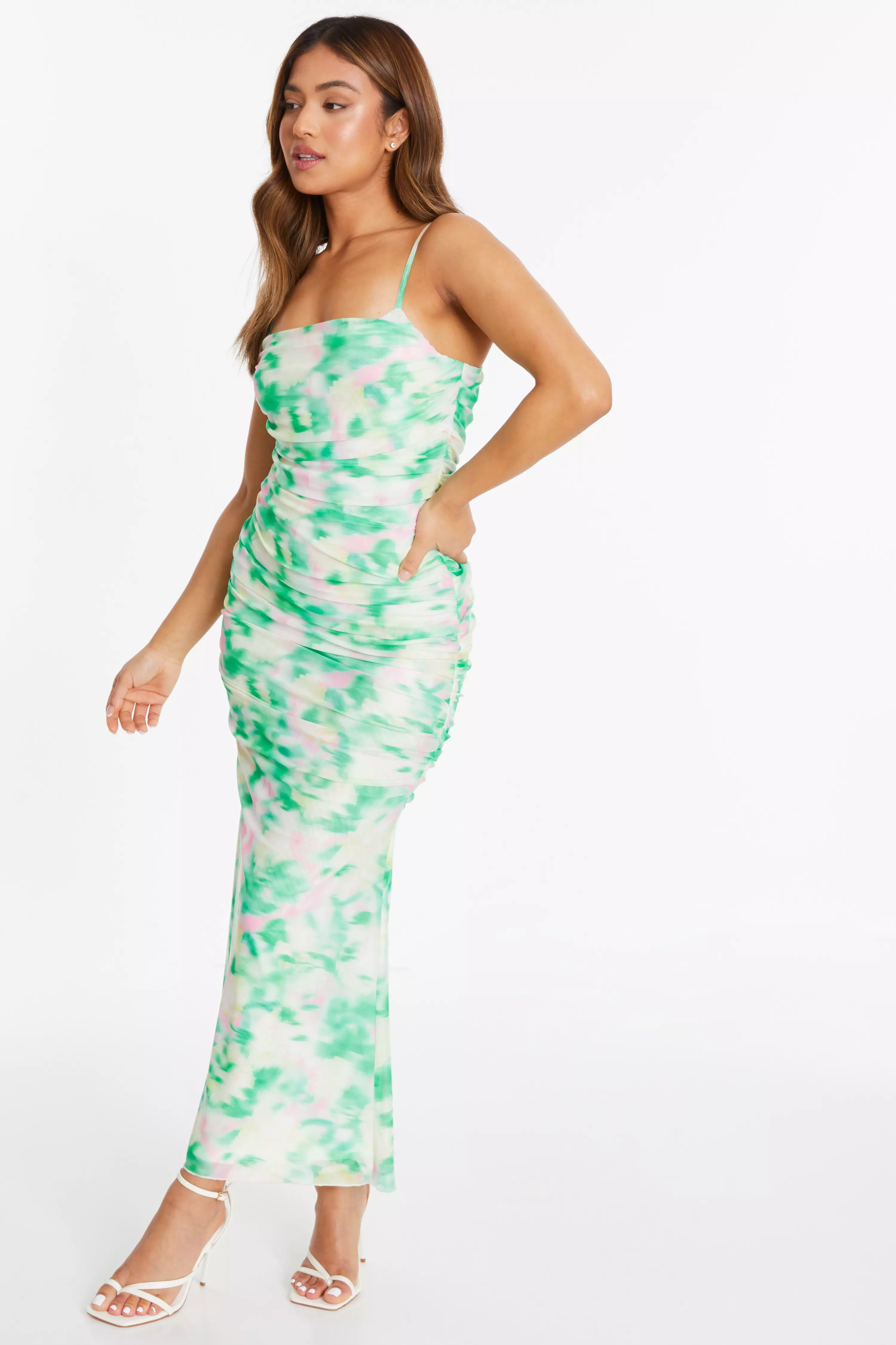 Petite Green Floral Abstract Mesh Midi Dress - QUIZ Clothing