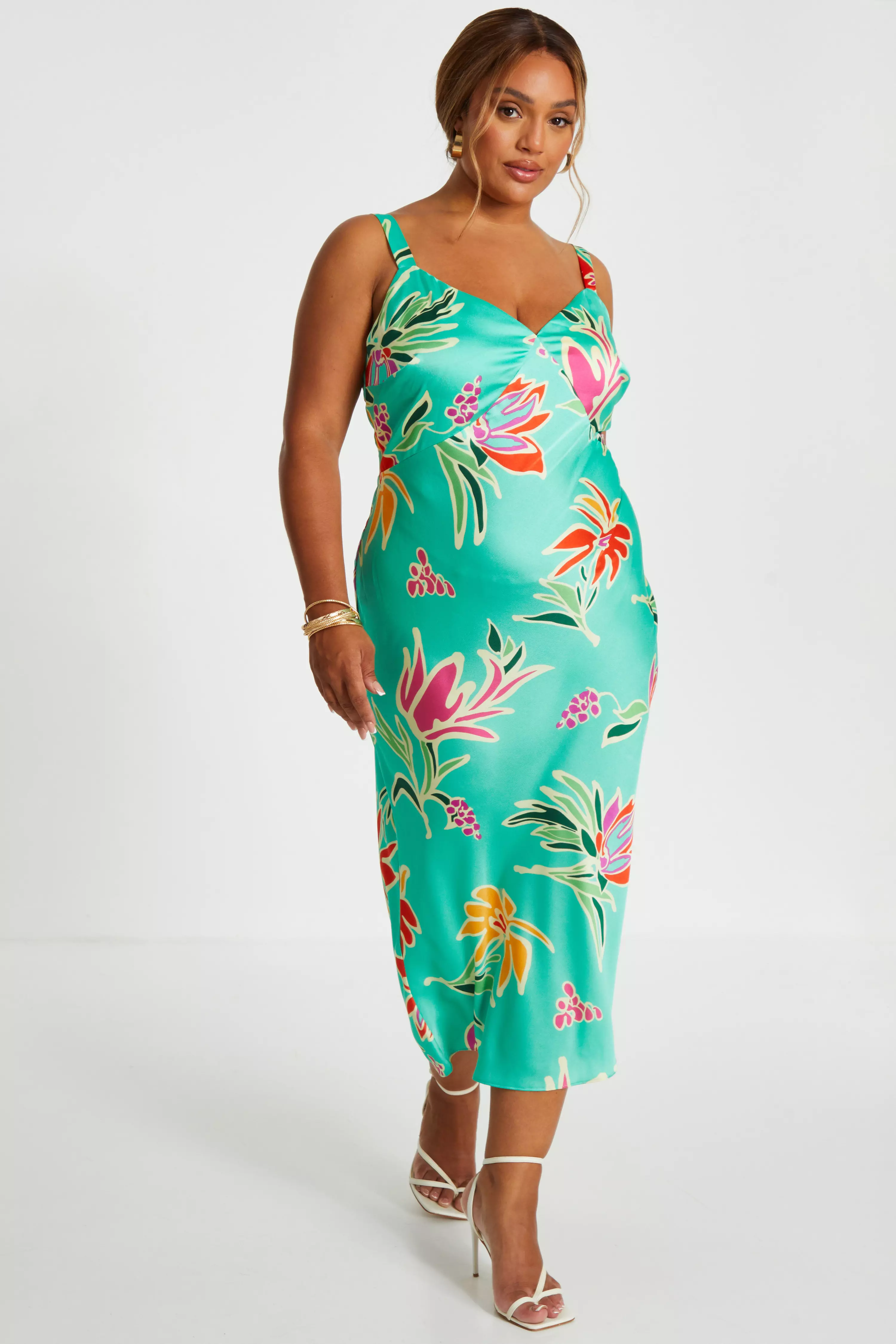 Curve Mint Tropical Print Midaxi Dress QUIZ Clothing