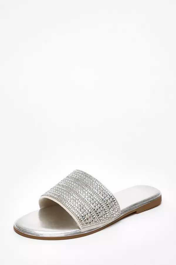 Silver Diamante Flat Sandals - QUIZ Clothing