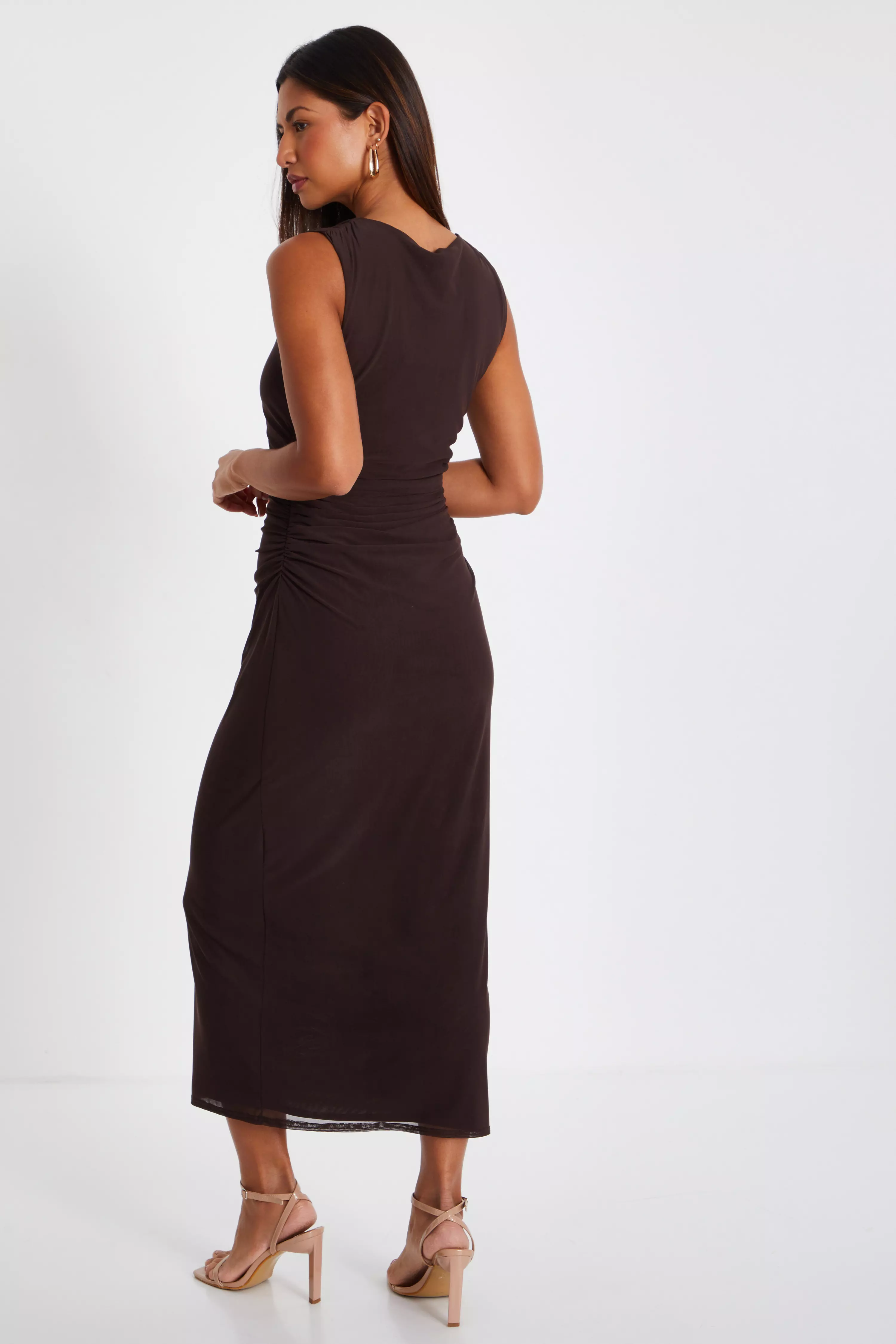 Brown Mesh Ruched Boydcon Midaxi Dress QUIZ Clothing
