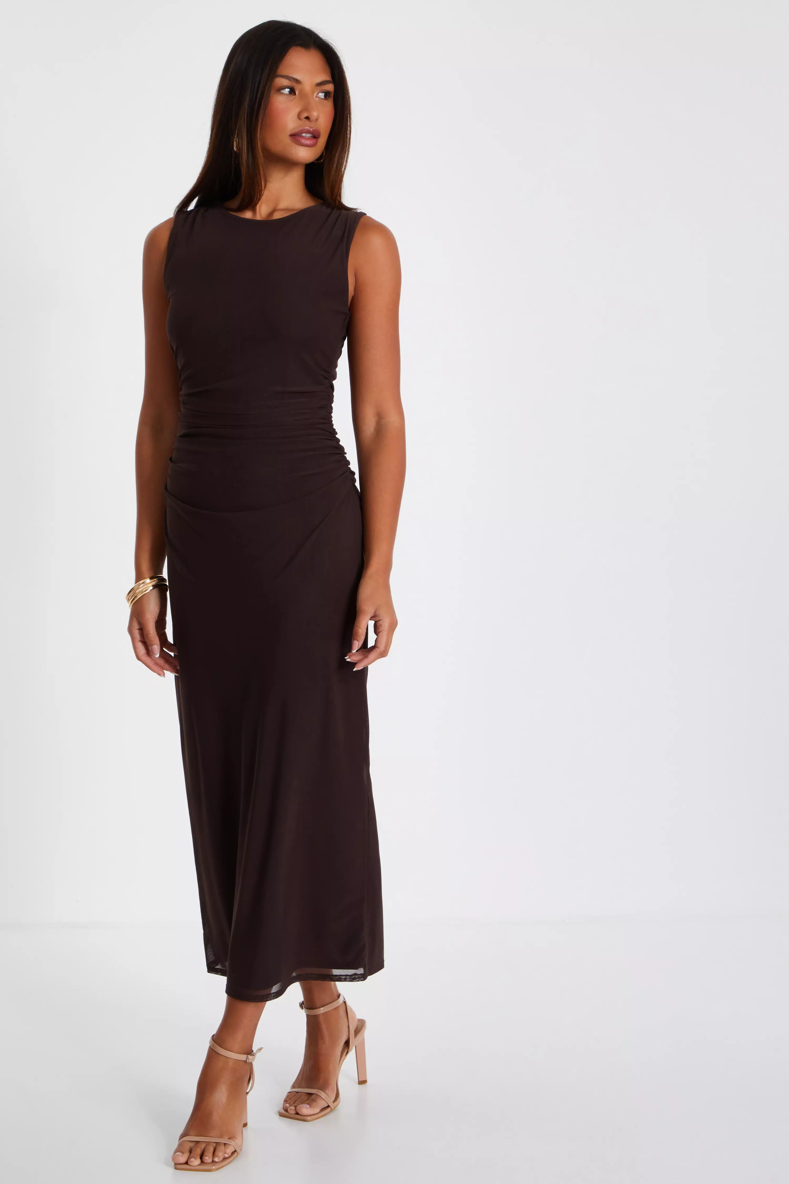 Brown Mesh Ruched Boydcon Midaxi Dress QUIZ Clothing