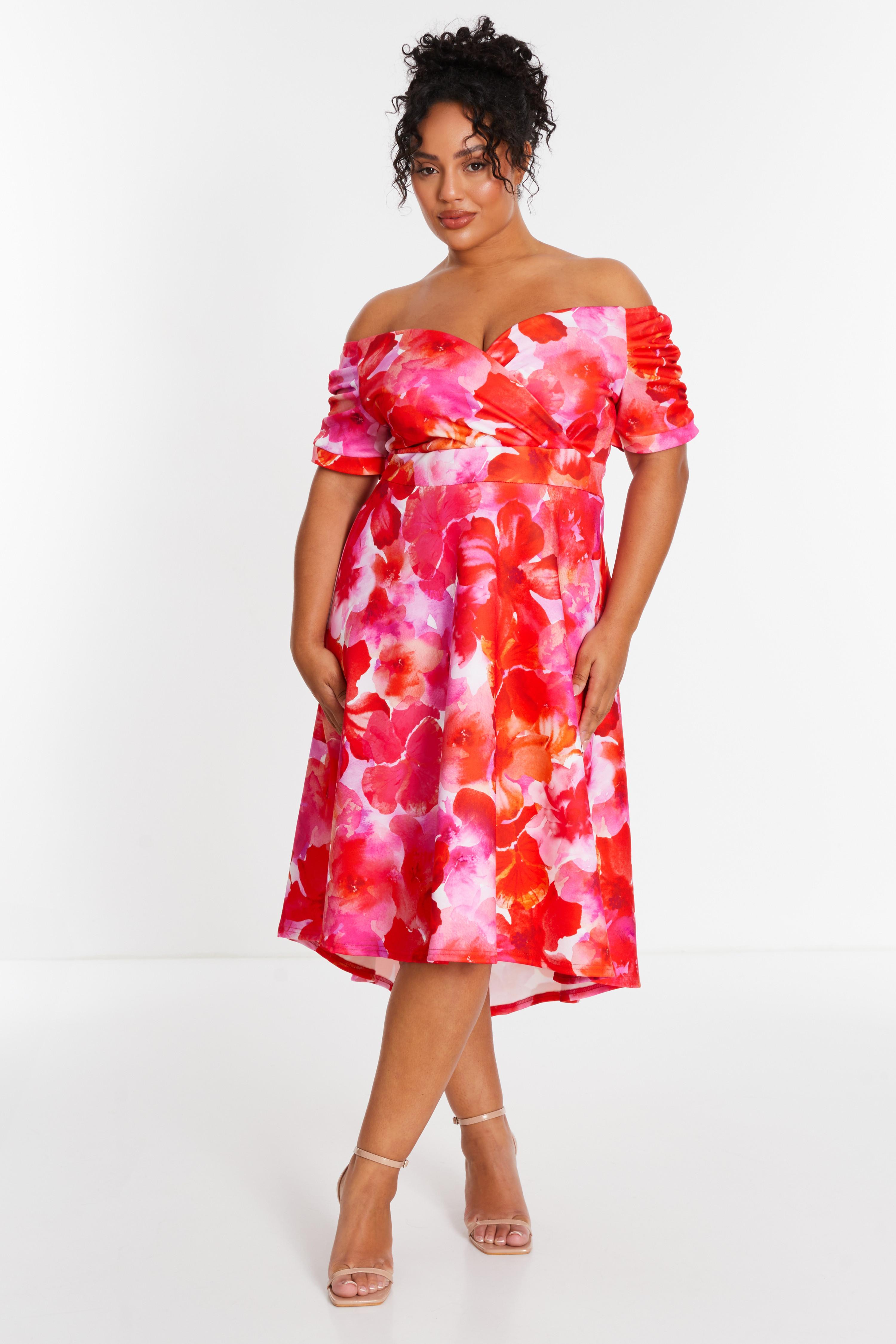 Curve Red Floral Bardot Dip Hem Midi Dress