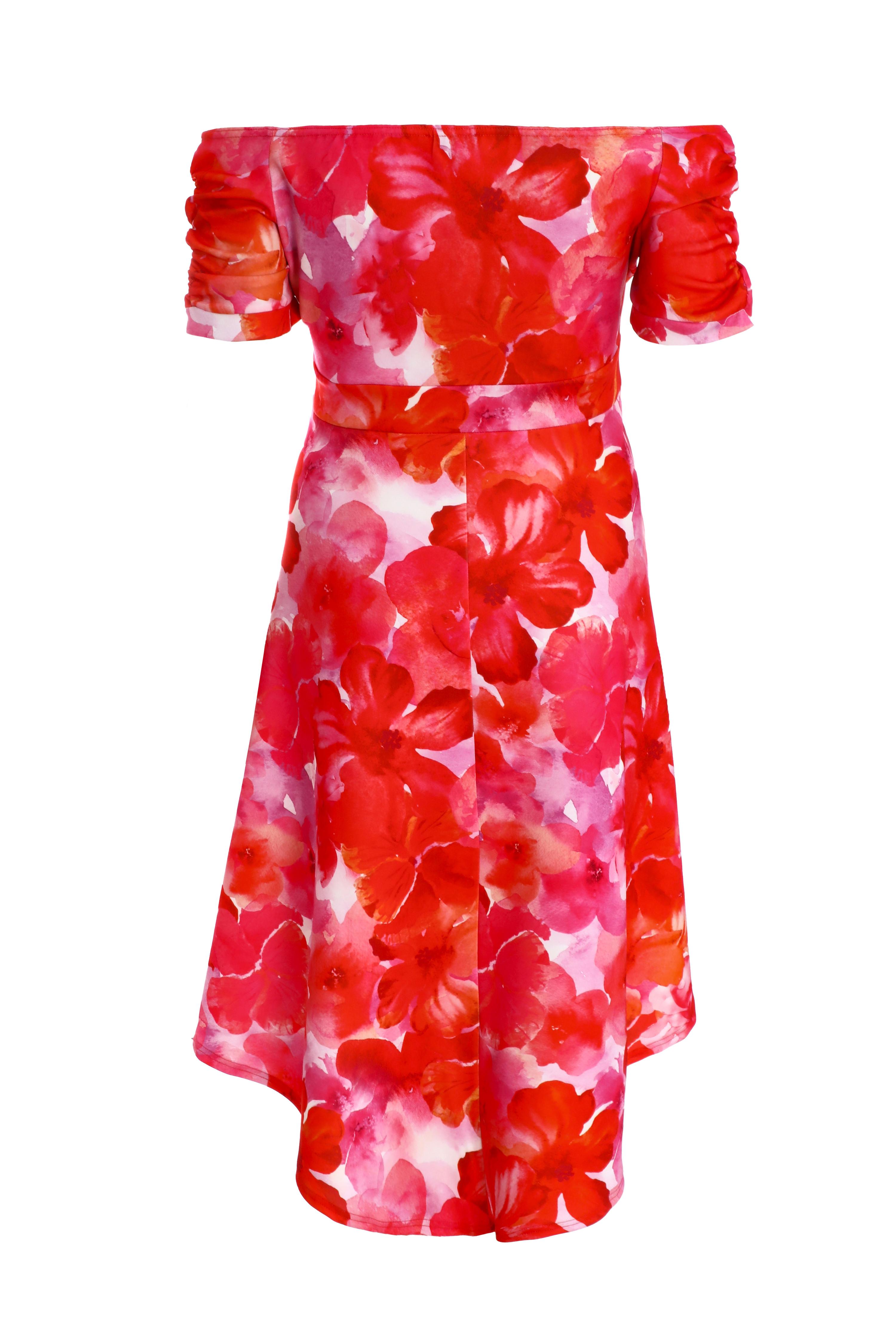 Curve Red Floral Bardot Dip Hem Midi Dress QUIZ Clothing